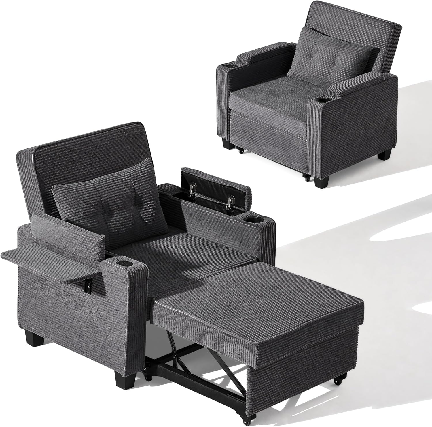 CLIPOP Schlafsofa, 3-in-1 Schlafsessel mit Bettfunktion, Ausziehbarer Sofa mit Schlaffunktion mit USB-C, 3-stufig Verstellbarer Rückenlehne (105°-160°), Stauraum & Getränkehalter (Cordsamt, Grau)