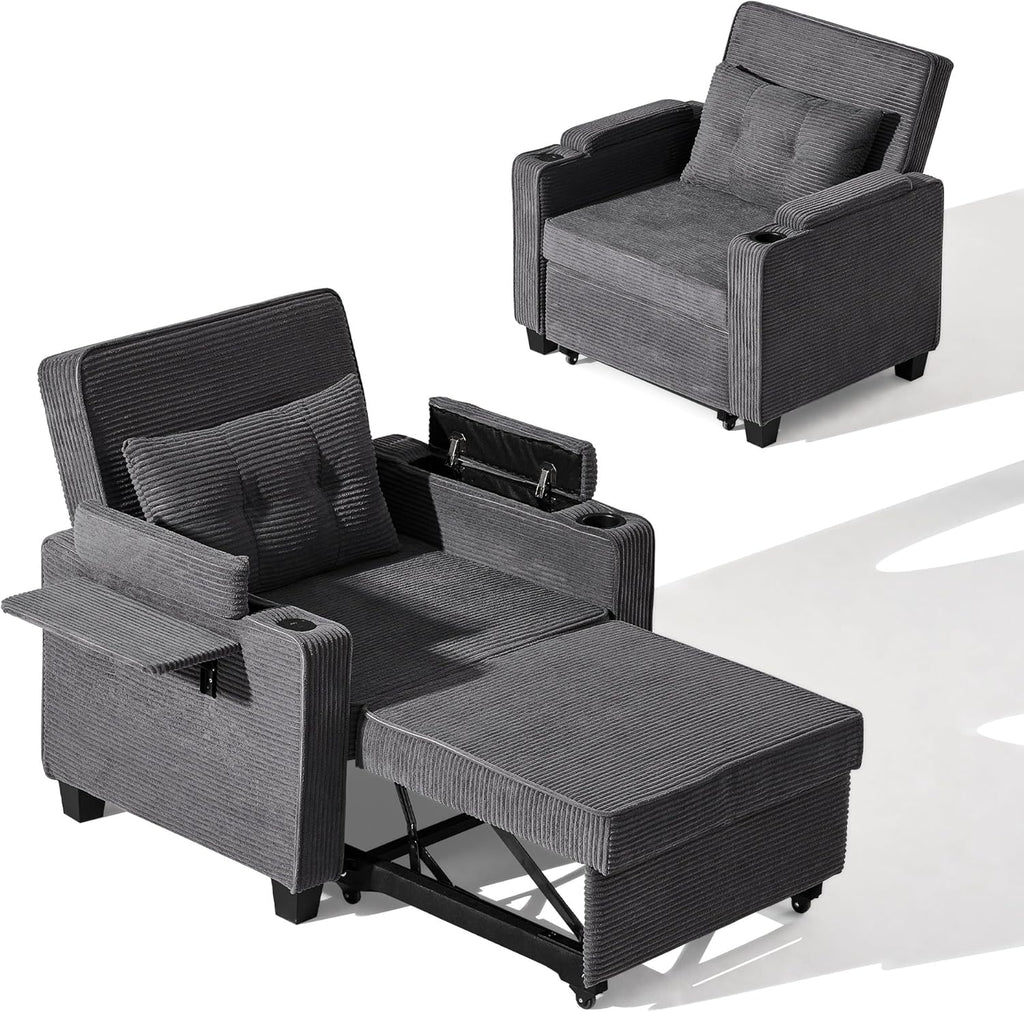 CLIPOP Schlafsofa, 3-in-1 Schlafsessel mit Bettfunktion, Ausziehbarer Sofa mit Schlaffunktion mit USB-C, 3-stufig Verstellbarer Rückenlehne (105°-160°), Stauraum & Getränkehalter (Cordsamt, Grau)