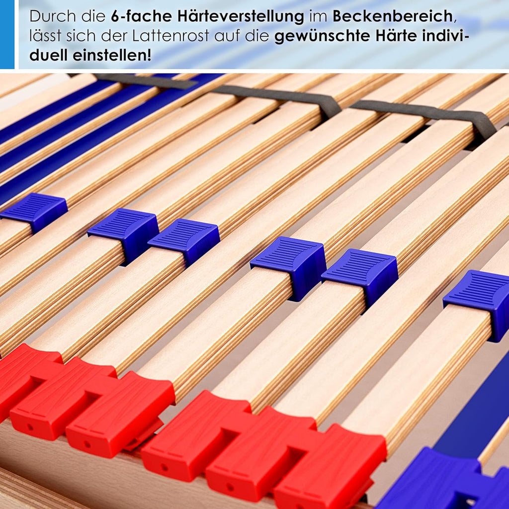 Stabiler Lattenrost 100% BUCHE Lattenrahmen - Kopfteil verstellbar - SCHULTERFRÄSUNG, 7 Zonen, 42 Federleisten, Härte-Regulierung, Mittelgurt - Vario Sleep Best 42® unmontiert (100x190cm)