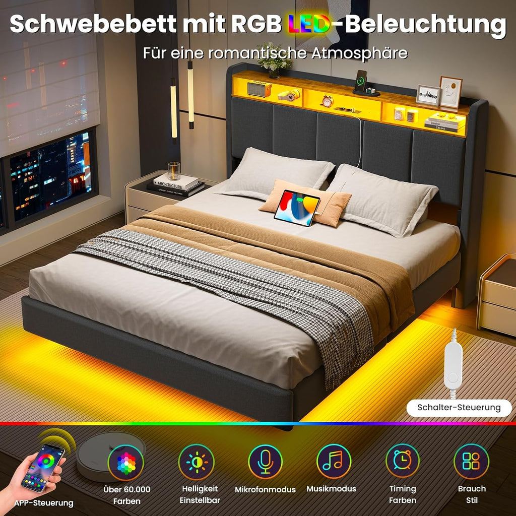 Polsterbett 140x200 cm Schwebebett mit LED-Beleuchtung, Kopfteil und Ladestation(2 AC-Steckdosen, 2 USB-Anschlüsse), Bett 140x200 mit Stauraum, Modern Doppelbett mit lattenrost, Leinen, Grau