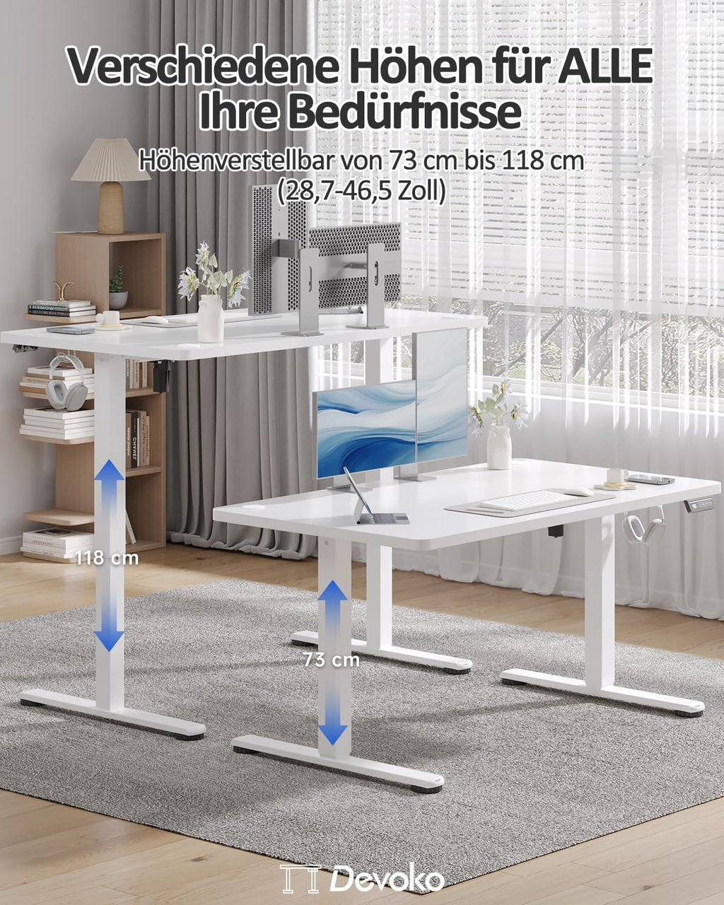 Devoko Höhenverstellbarer Schreibtisch, Elektrischer Schreibtisch Höhenverstellbar Tisch, Steh-Sitz Bürotisch, Computertisch mit Memory-Funktion, Stehpult, Standing Desk, Bürotisch,120 x 60 cm,Weiß