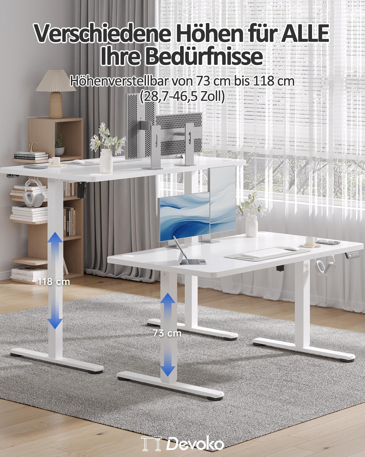 Devoko Höhenverstellbarer Schreibtisch, Elektrischer Schreibtisch Höhenverstellbar Tisch, Steh-Sitz Bürotisch, Computertisch mit Memory-Funktion, Stehpult, Standing Desk, Bürotisch,120 x 60 cm,Weiß
