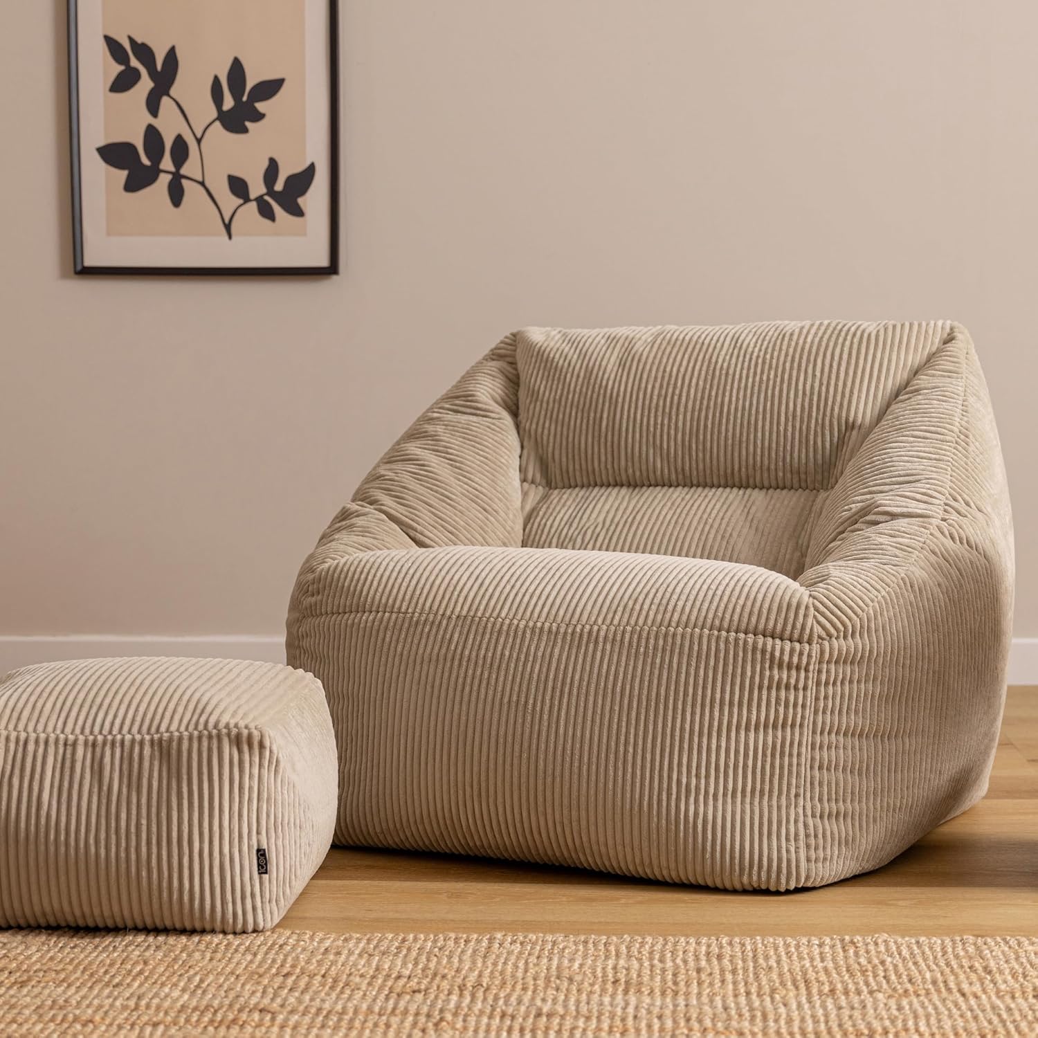 Icon Natalia Sitzsack Sessel mit Hocker für Erwachsene, Beige, Flauschiger Cord Stoff, Riesen Sitzsack Cord mit Füllung, Bean Bag Chair, Bequemer Sessel Wohnzimmer, Lounge, Schlafzimmer, Büro