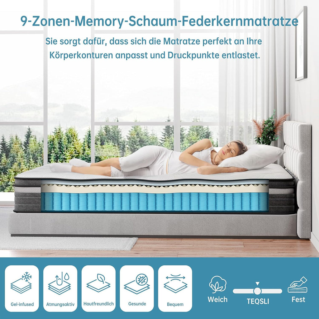 TeQsli Gel Taschenfederkernmatratze 140x200 cm 25 cm Höhe 9-Zonen Matratze H3 H4 Härtegrad, Orthopädische & Ergonomische Federkernmatratze mit Gel-Memory-Schaum, Öko-Tex & CertiPUR Zertifiziert