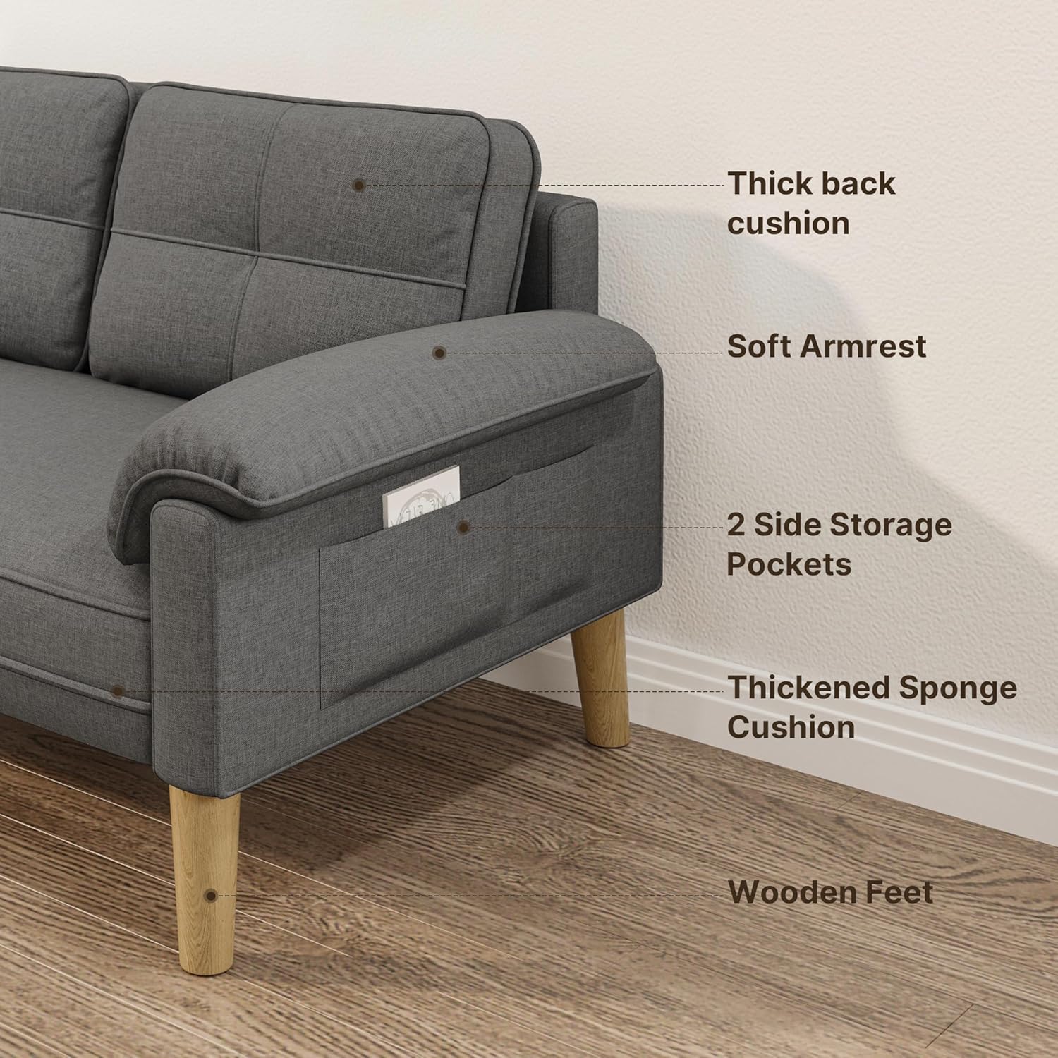 Xbro Sofa 2 Sitzer, Kleine Couch 2 Sitzer mit Armlehne und Seitentasche, Modernes Stoffcouch für Wohnzimmer,Wohnung,Büro,Einfache Montage, 144 x 77 x 77 cm, Dunkelgrau