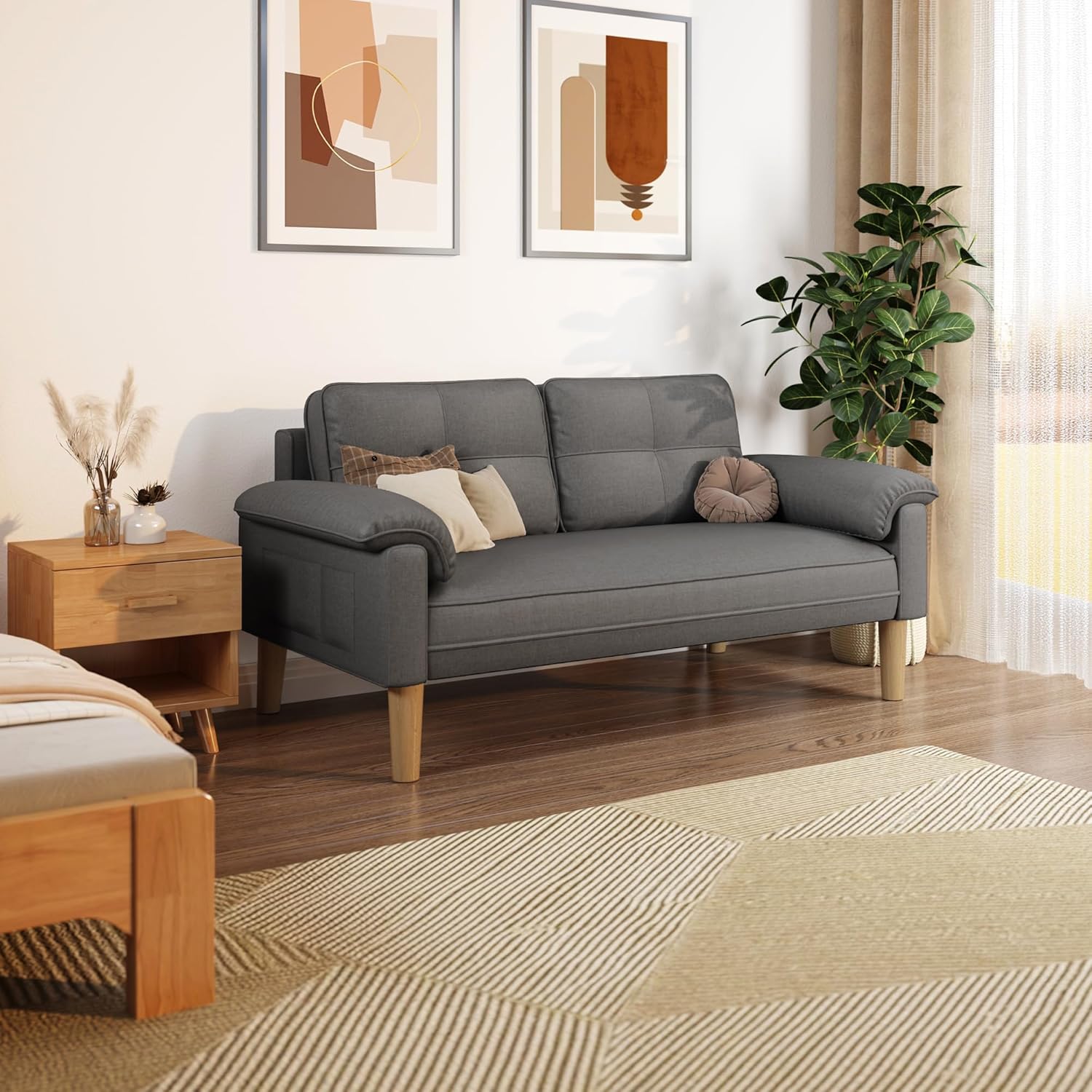 Xbro Sofa 2 Sitzer, Kleine Couch 2 Sitzer mit Armlehne und Seitentasche, Modernes Stoffcouch für Wohnzimmer,Wohnung,Büro,Einfache Montage, 144 x 77 x 77 cm, Dunkelgrau