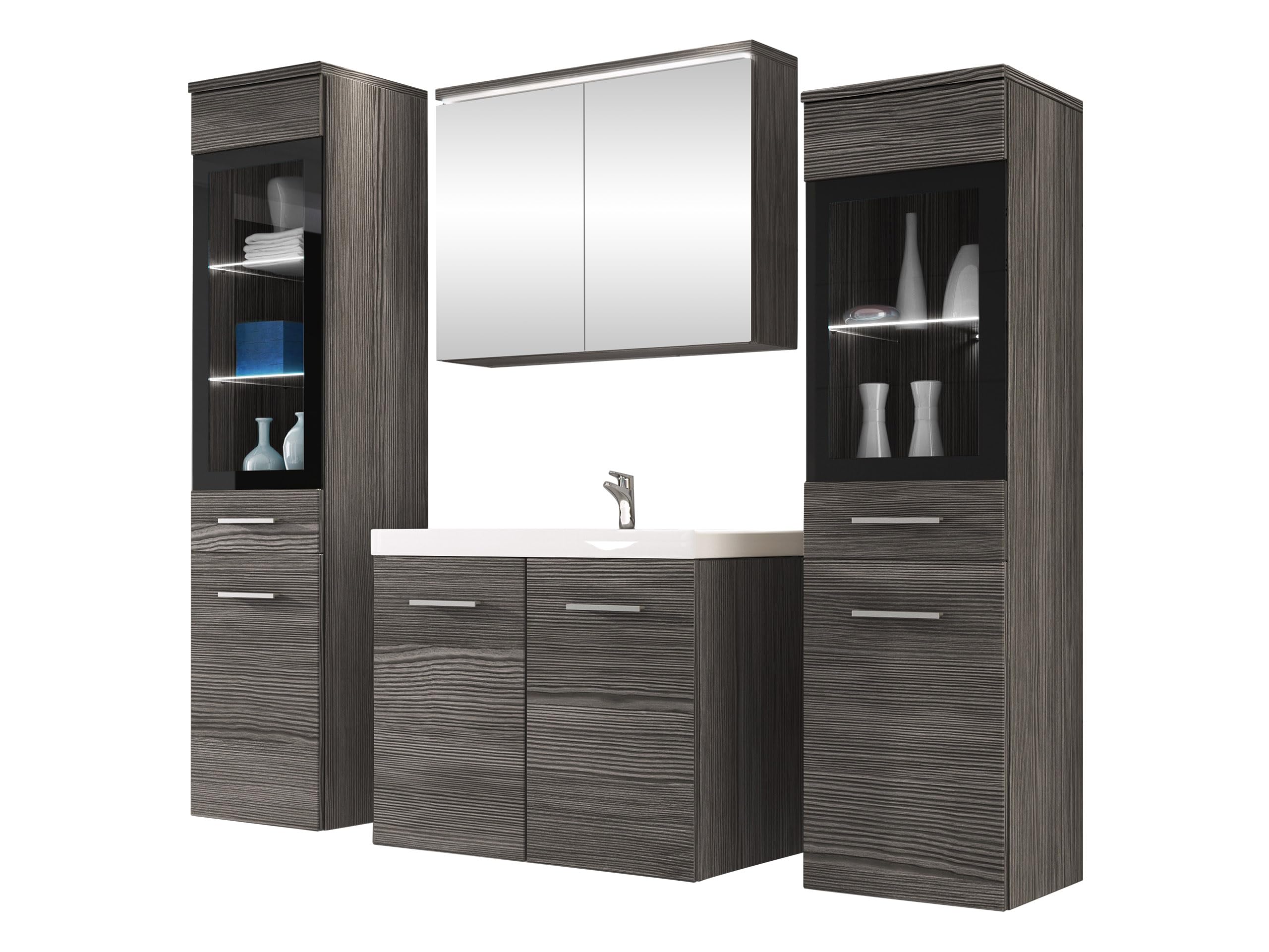 Mirjan24 Badmöbel Set Madrit II mit Waschbecken und Siphon, Komplettprogramme für Spiegelschrank, Waschtisch, Hochschrank (Kastanien Breslau/Grau Hochglanz, ohne Beleuchtung)