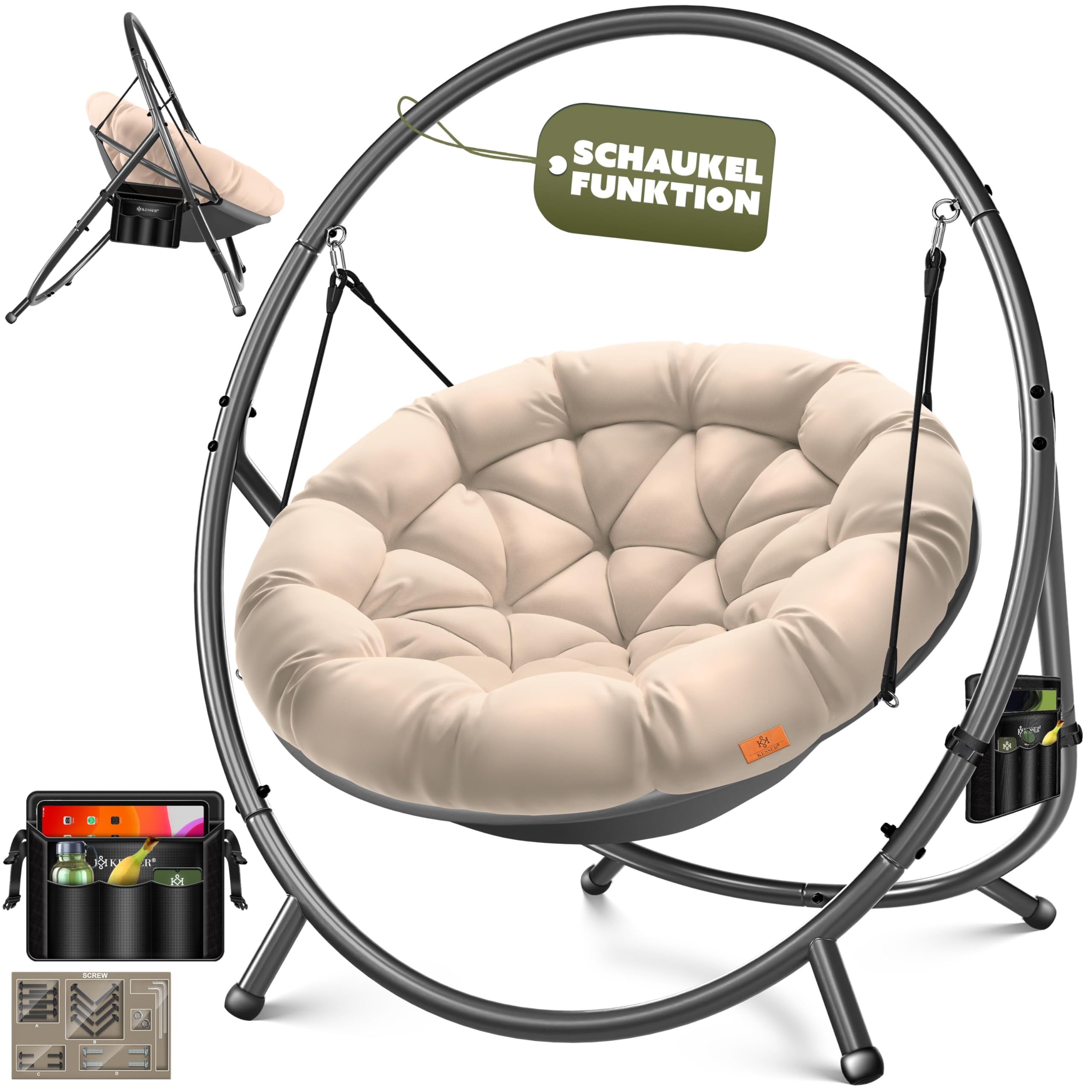 KESSER® Hängesessel mit Gestell Bali Hängeschaukel Hängestuhl bis 150kg für Indoor und Outdoor + Kissen & Seitentasche Hängekorb Stahlgestell & Schaumstoff Sitzpolster ideal für Wohnzimmer & Garten
