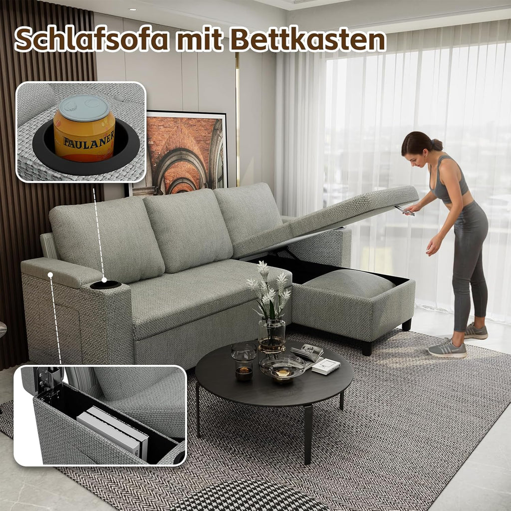Devoko Ecksofa mit Schlaffunktion, Schlafsofa Ausziehbar L-Form mit Stauraum & Bettkasten, Schlafcouch für Wohnzimmer und Schlafzimmer, Hellgrau