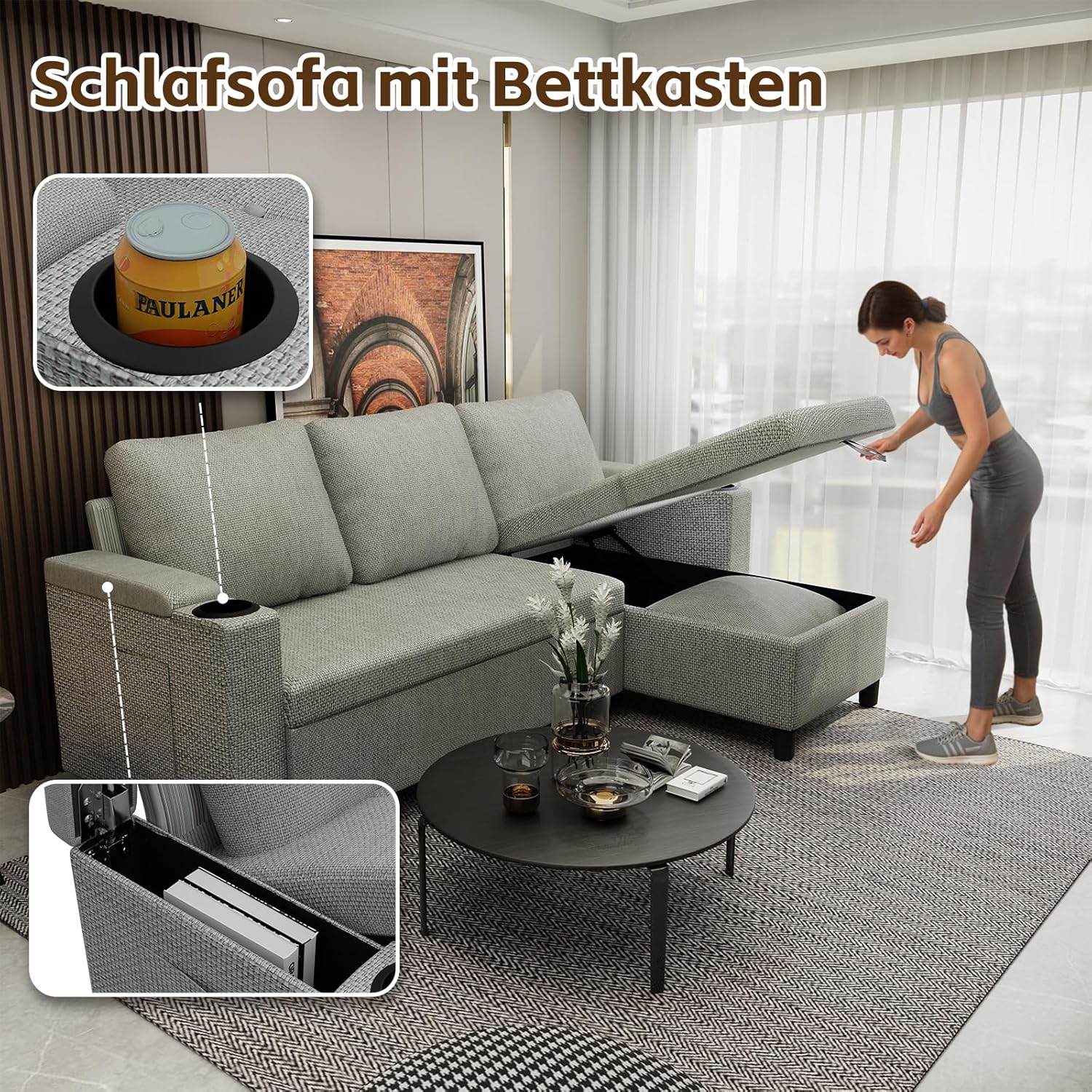 Devoko Ecksofa mit Schlaffunktion, Schlafsofa Ausziehbar L-Form mit Stauraum & Bettkasten, Schlafcouch für Wohnzimmer und Schlafzimmer, Hellgrau