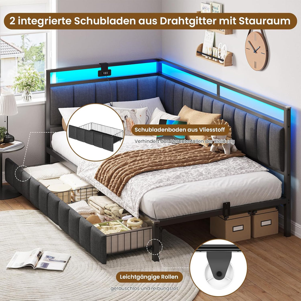 DICTAC Polsterbett Schlafsofa 90x200 mit LED-Beleuchtung und USB-Ladestation,Jugendbett Tagesbett 90x200 mit Lattenrost aus Metall und 2 Schubladen,Gästebett,Bettgestell ohne Matratze,Dunkelgrau