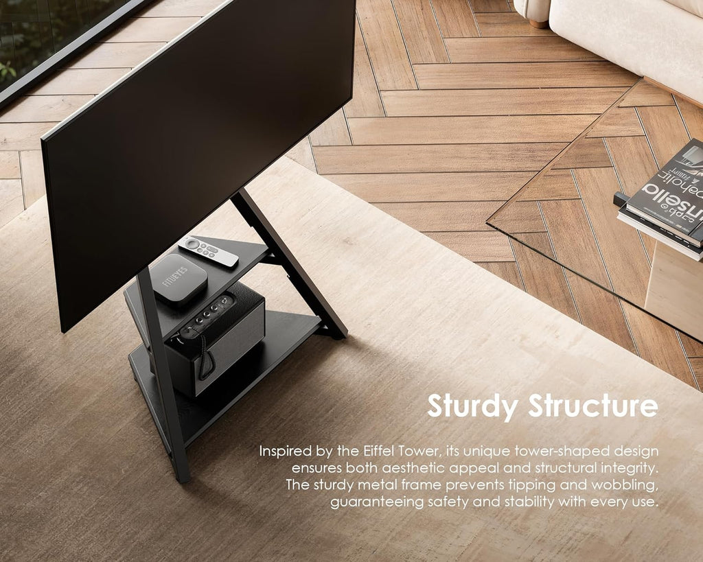 FITUEYES Design TV Ständer Rollbar, Mobiler TV Stand mit Rollen für 32 40 43 55 65 Zoll Flach & Curved Fernseher bis zu 40kg, TV Standfuss höhenverstellbar schwenkbar neigbar, Serie Eiffel