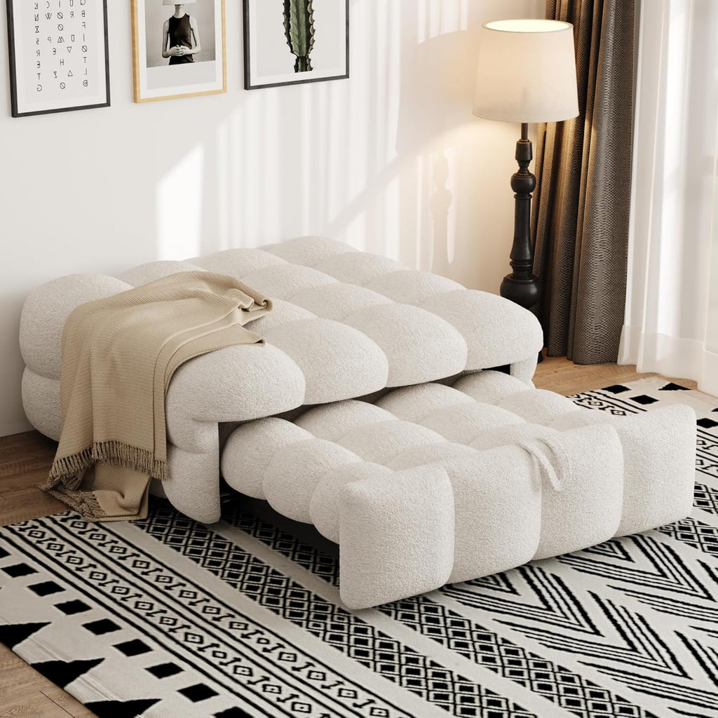 Polsterbett, 2-in-1-Fußhocker, Ausziehbares Schlafsofa, Einzelbett, Puffy-Bett,Teddy-Stoff (Beige)