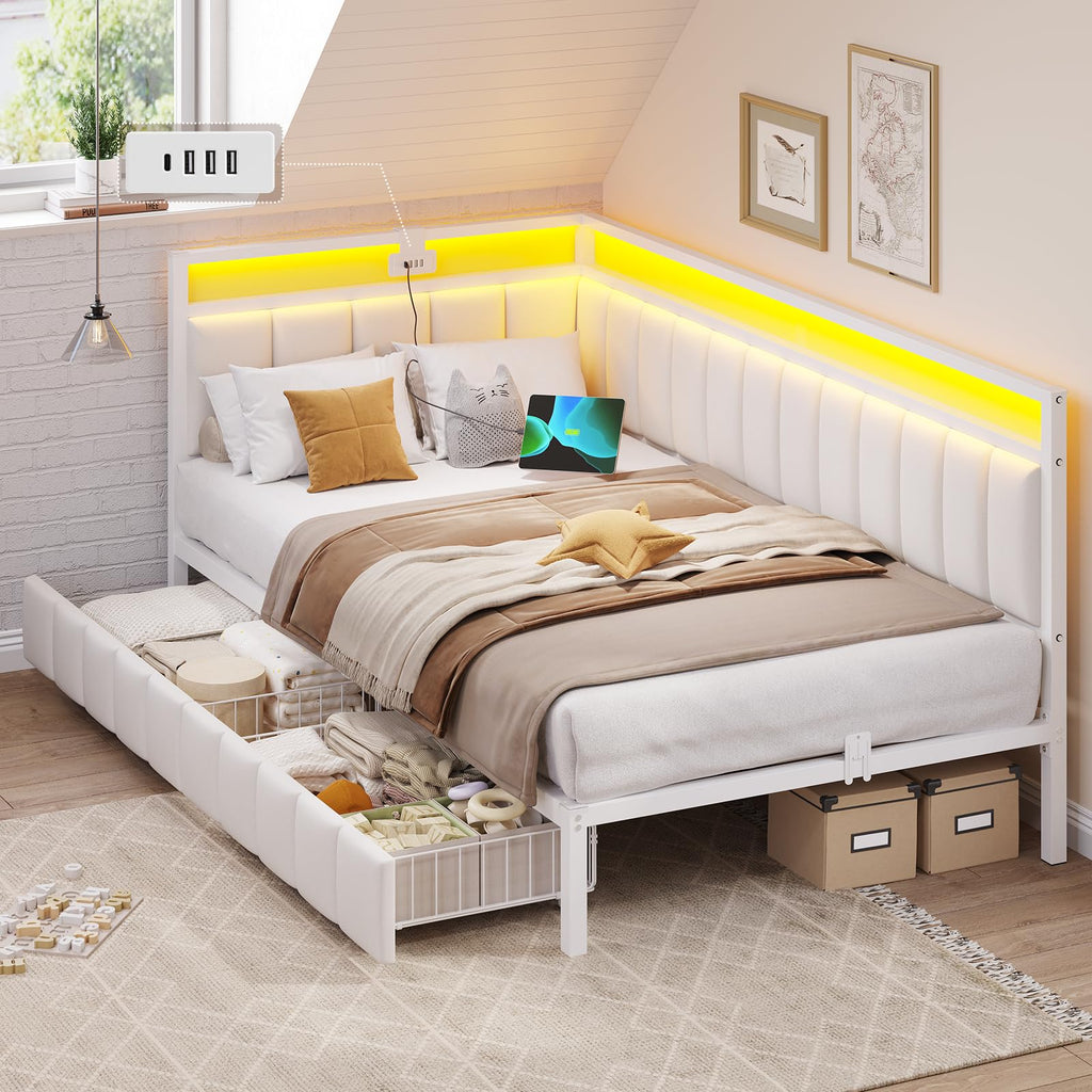 DICTAC Polsterbett Schlafsofa 90x200 mit LED-Beleuchtung und USB-Ladestation,Jugendbett Tagesbett 90x200 mit Lattenrost aus Metall und 2 Schubladen,Gästebett,Bettgestell ohne Matratze,Dunkelgrau