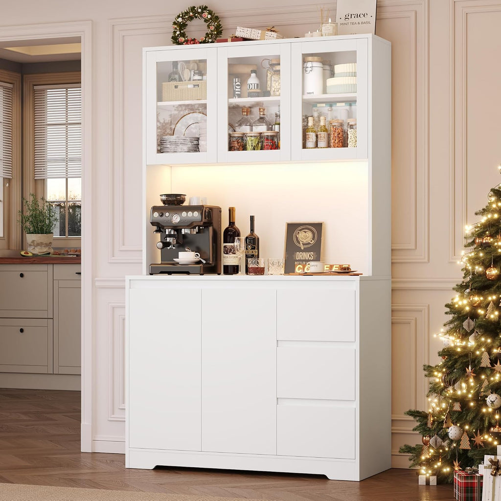 FirFurd Küchenschrank Buffetschrank mit LED Sideboard für Küche mit Steckdosenleiste Küchenschrank mit Arbeitsplatte und 3 Schubladen Küchenbuffet mit Verstellbares Regal 180x100x38.5 cm weiß
