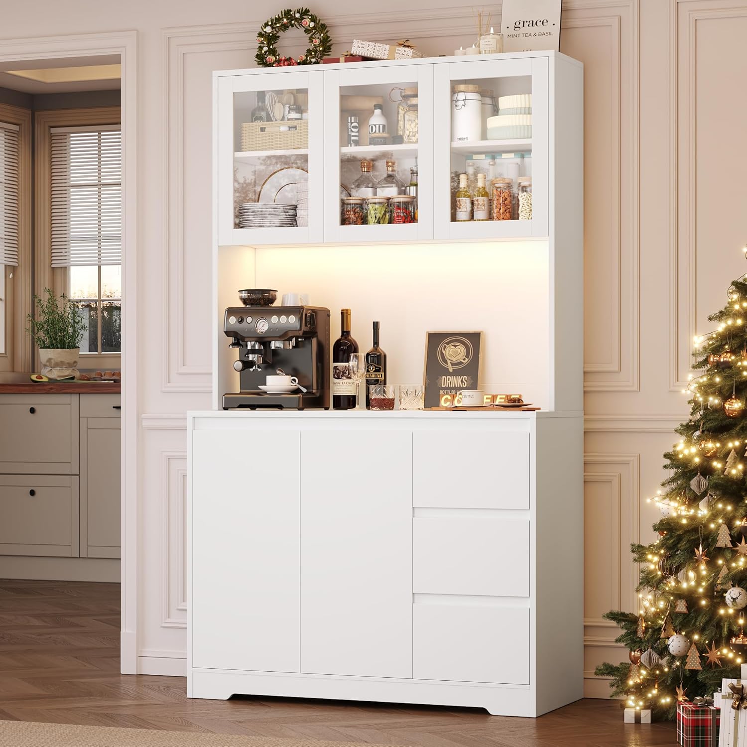 FirFurd Küchenschrank Buffetschrank mit LED Sideboard für Küche mit Steckdosenleiste Küchenschrank mit Arbeitsplatte und 3 Schubladen Küchenbuffet mit Verstellbares Regal 180x100x38.5 cm weiß