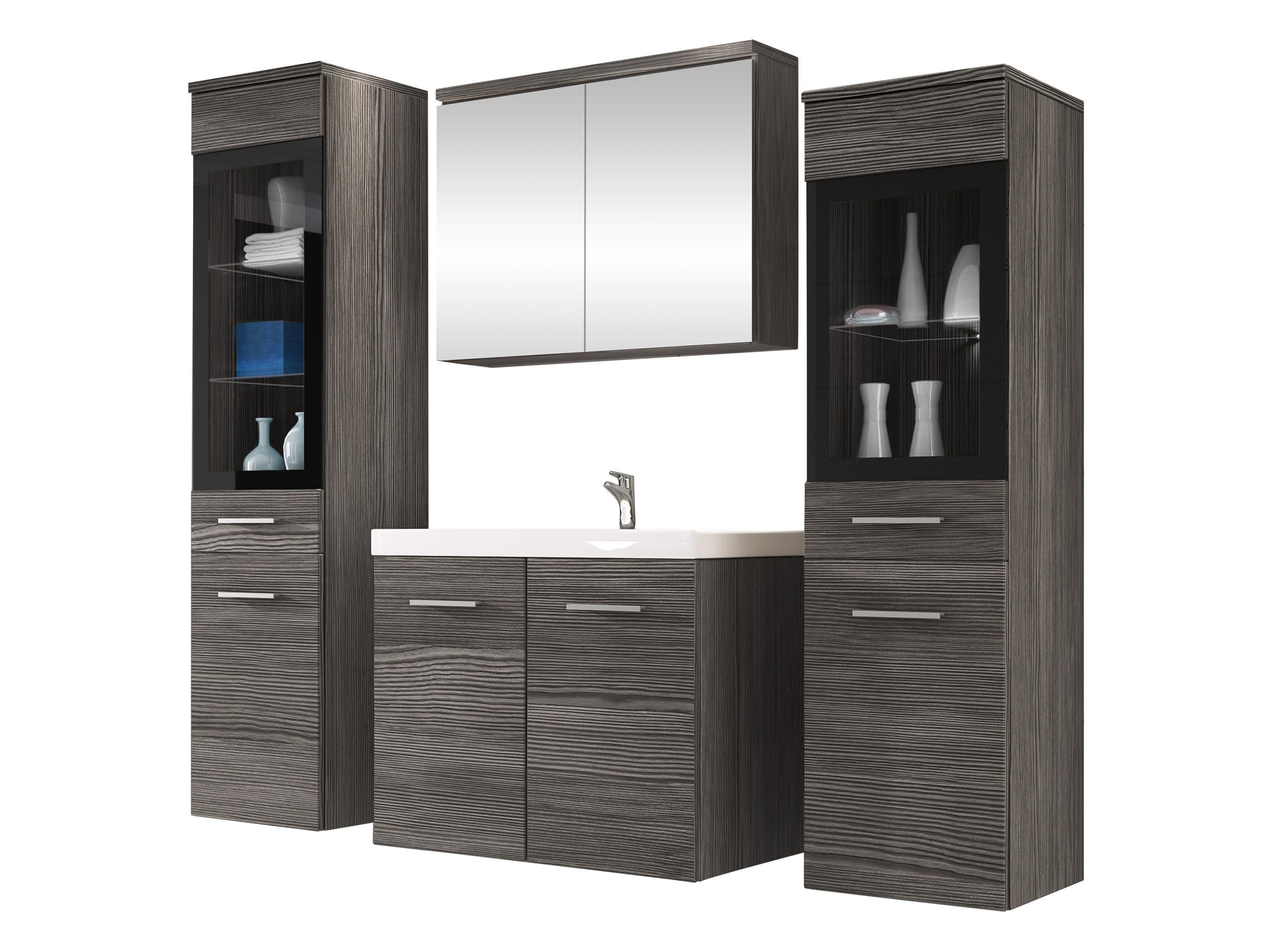 Mirjan24 Badmöbel Set Madrit II mit Waschbecken und Siphon, Komplettprogramme für Spiegelschrank, Waschtisch, Hochschrank (Kastanien Breslau/Grau Hochglanz, ohne Beleuchtung)