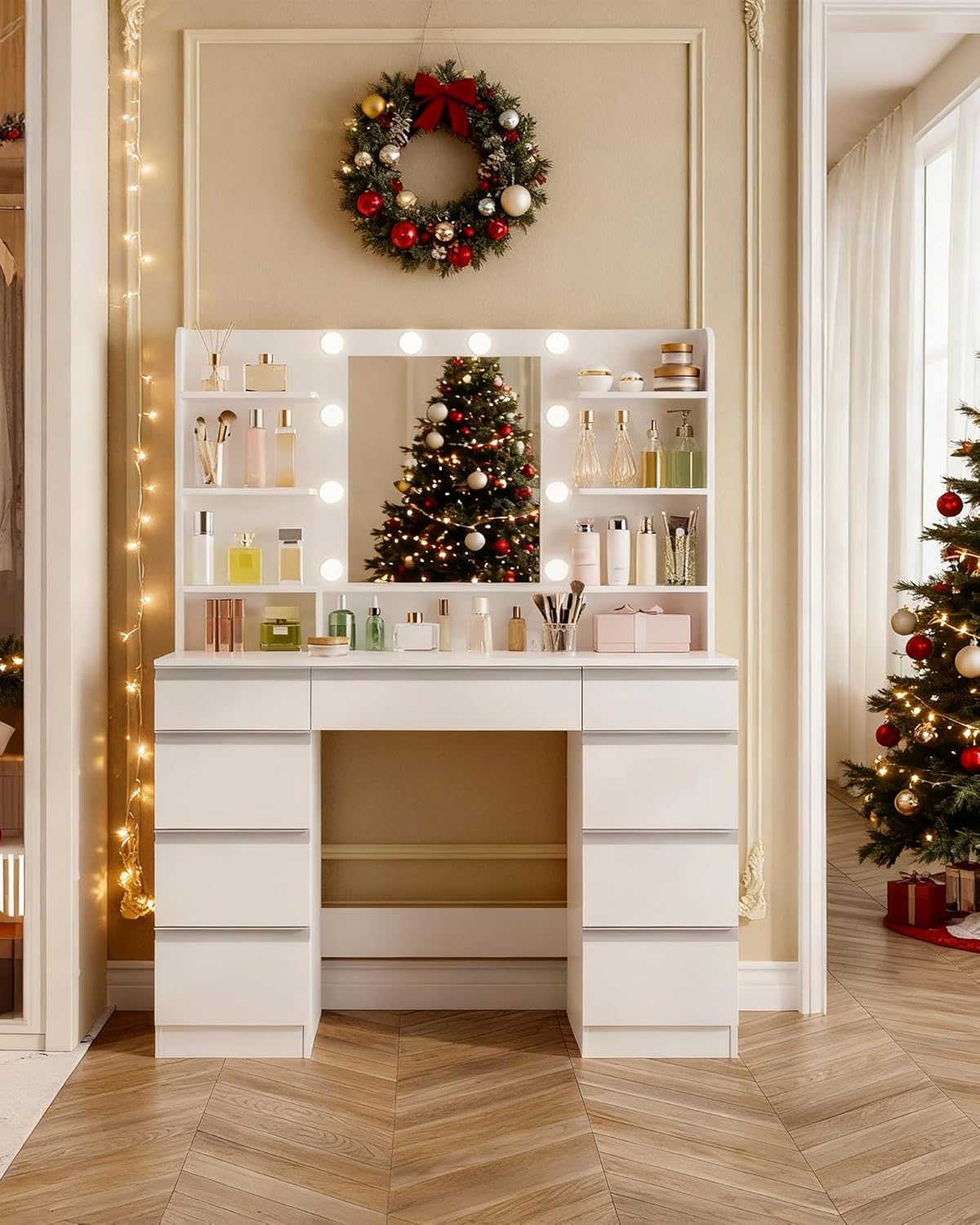 Hzuaneri Large Dressing Table with LED Lighting, 10 LED Light Balls, 3 Colours, Adjustable Brightness, Dressing Table with Mirror, 9 Drawers, 9 Open Shelves, Modern Style, White/Silver DT35703WV1