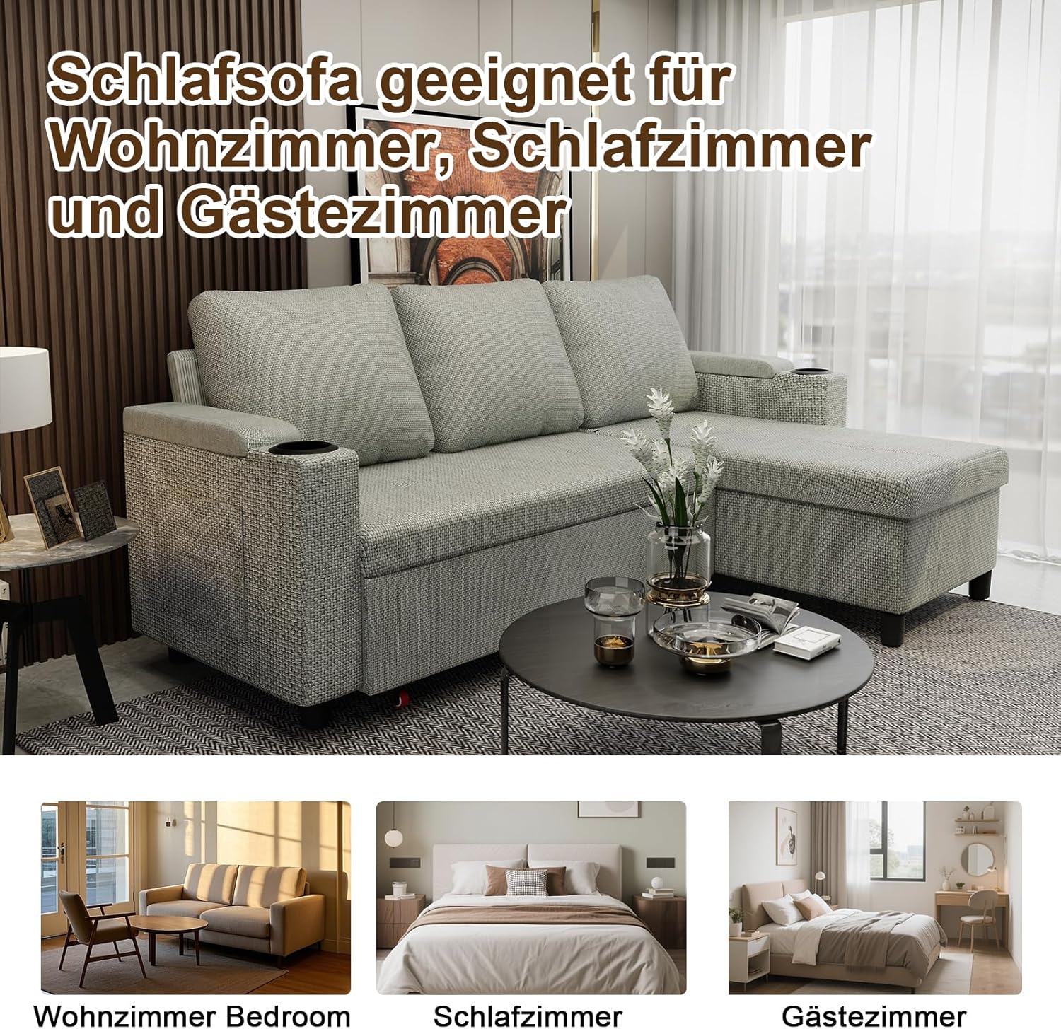 Devoko Ecksofa mit Schlaffunktion, Schlafsofa Ausziehbar L-Form mit Stauraum & Bettkasten, Schlafcouch für Wohnzimmer und Schlafzimmer, Hellgrau