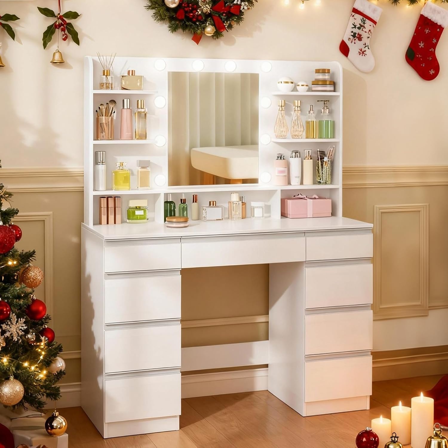 Hzuaneri Large Dressing Table with LED Lighting, 10 LED Light Balls, 3 Colours, Adjustable Brightness, Dressing Table with Mirror, 9 Drawers, 9 Open Shelves, Modern Style, White/Silver DT35703WV1