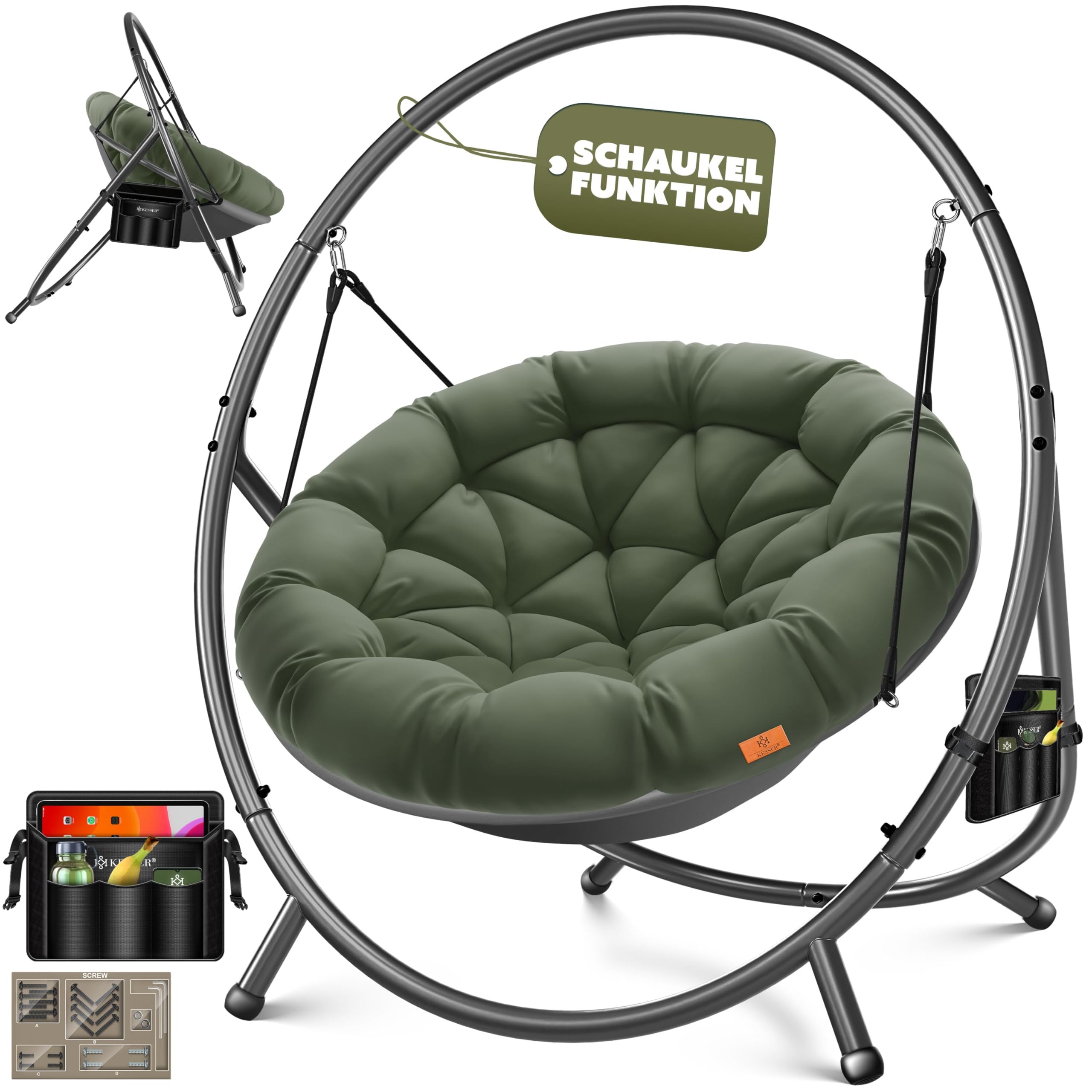 KESSER® Hängesessel mit Gestell Bali Hängeschaukel Hängestuhl bis 150kg für Indoor und Outdoor + Kissen & Seitentasche Hängekorb Stahlgestell & Schaumstoff Sitzpolster ideal für Wohnzimmer & Garten