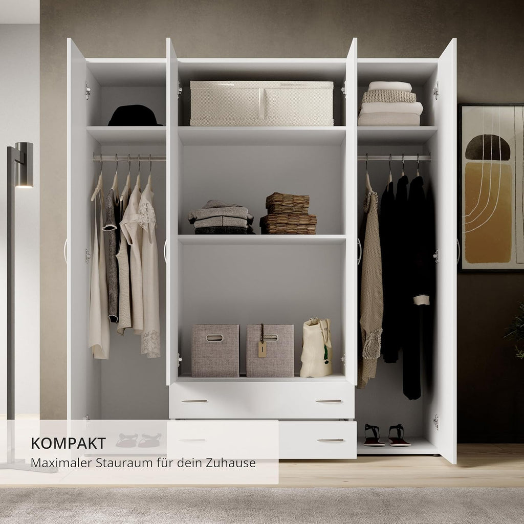 Stella Trading BASE Zeitloser Kleiderschrank in drei verschiedenen Größen - Vielseitiger Drehtürenschrank in Weiß - 160 x 177 x 52 cm (B/H/T)