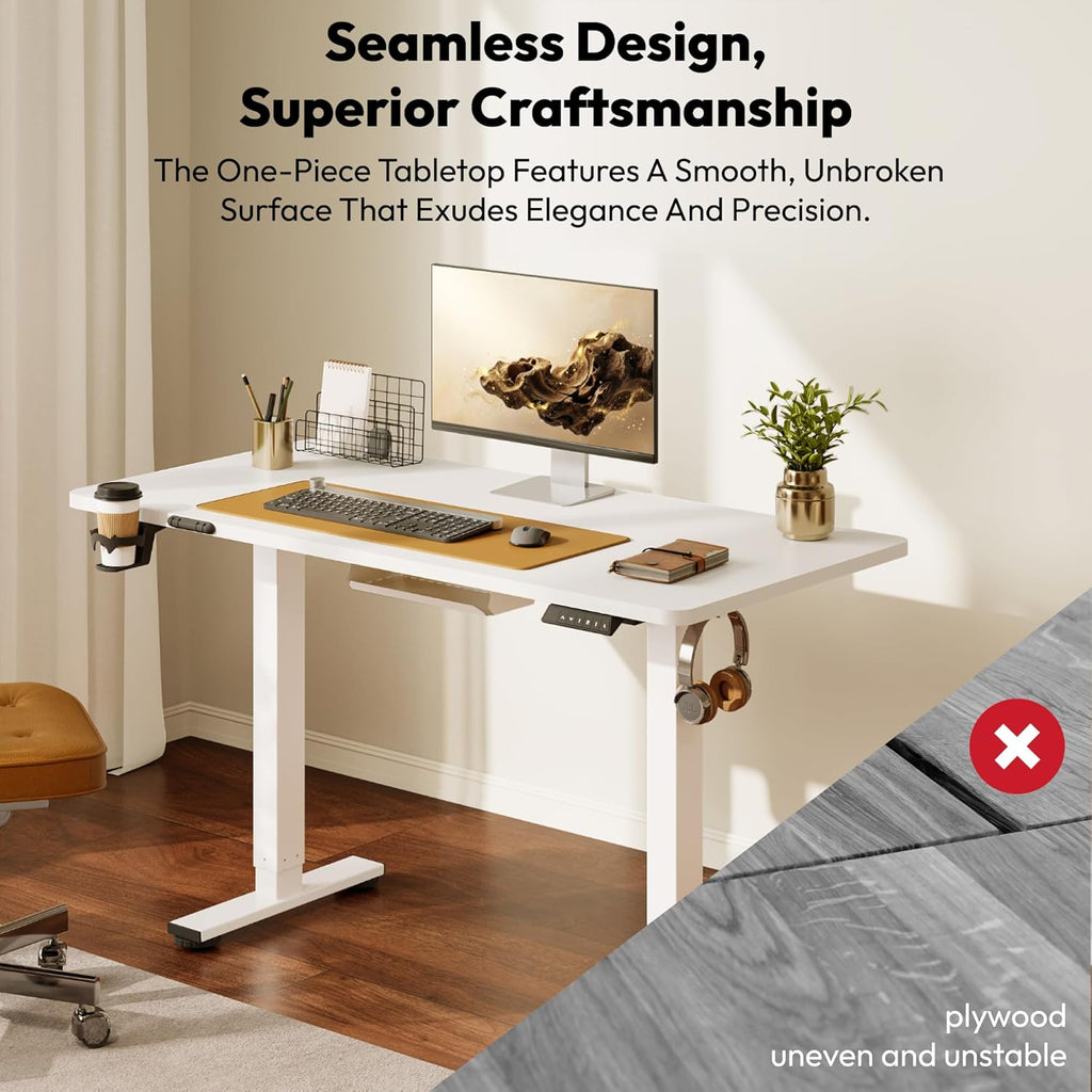 SANODESK Höhenverstellbarer Schreibtisch 110×54 cm – Kompakter Standing Desk mit praktischem Zubehör, ideal für kleine Räume, leise & sicher mit Anti-Kollisions-Schutz(Weiß)