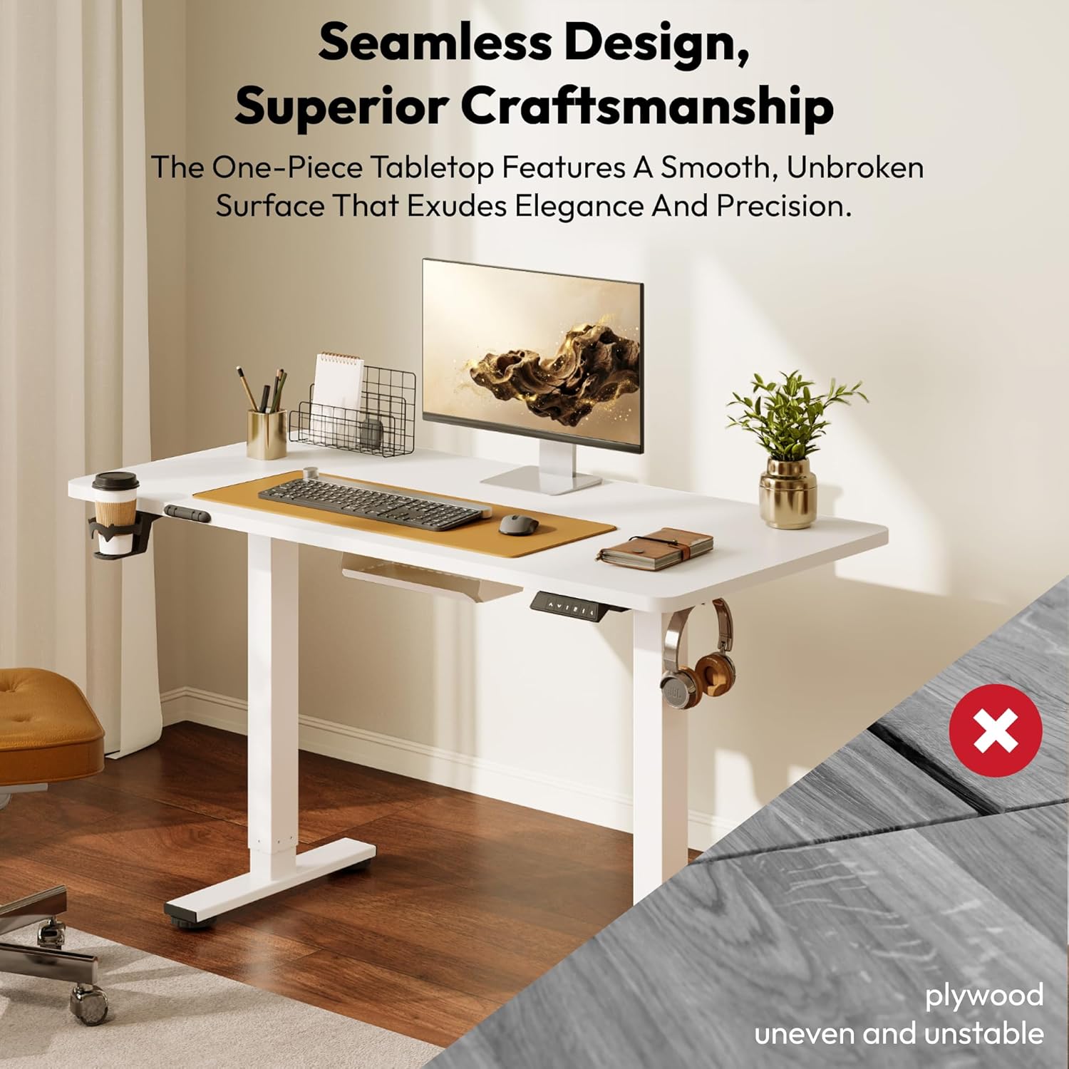 SANODESK Höhenverstellbarer Schreibtisch 110×54 cm – Kompakter Standing Desk mit praktischem Zubehör, ideal für kleine Räume, leise & sicher mit Anti-Kollisions-Schutz(Weiß)