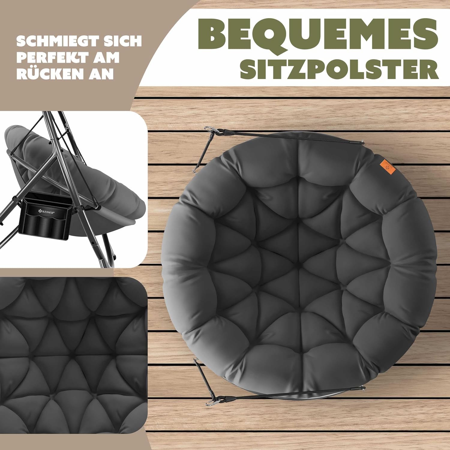 KESSER® Hängesessel mit Gestell Bali Hängeschaukel Hängestuhl bis 150kg für Indoor und Outdoor + Kissen & Seitentasche Hängekorb Stahlgestell & Schaumstoff Sitzpolster ideal für Wohnzimmer & Garten