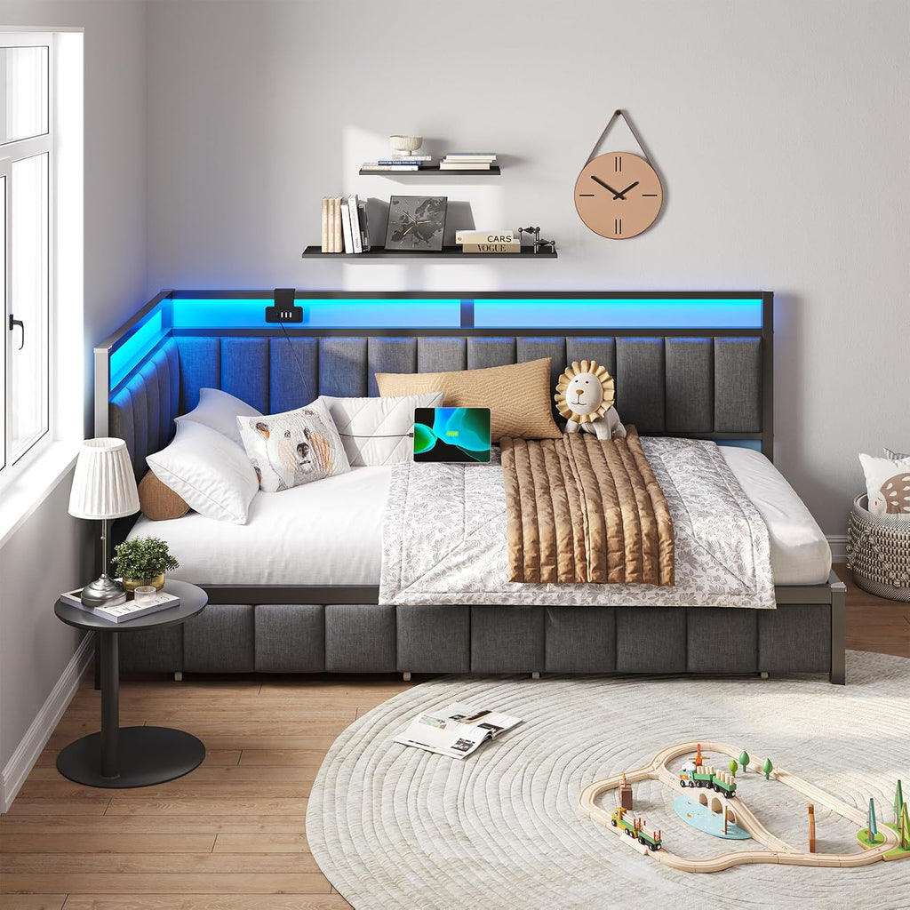 DICTAC Polsterbett Schlafsofa 90x200 mit LED-Beleuchtung und USB-Ladestation,Jugendbett Tagesbett 90x200 mit Lattenrost aus Metall und 2 Schubladen,Gästebett,Bettgestell ohne Matratze,Dunkelgrau