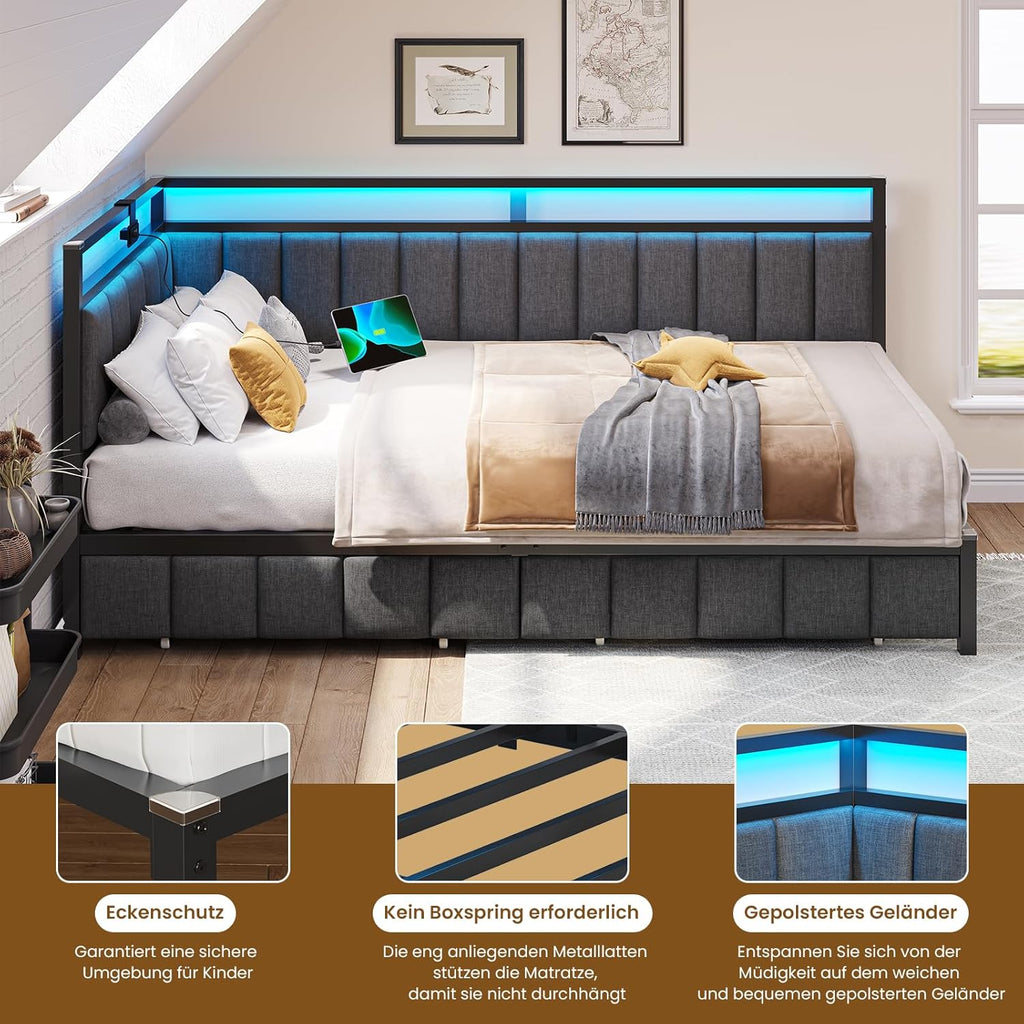 DICTAC Polsterbett Schlafsofa 90x200 mit LED-Beleuchtung und USB-Ladestation,Jugendbett Tagesbett 90x200 mit Lattenrost aus Metall und 2 Schubladen,Gästebett,Bettgestell ohne Matratze,Dunkelgrau
