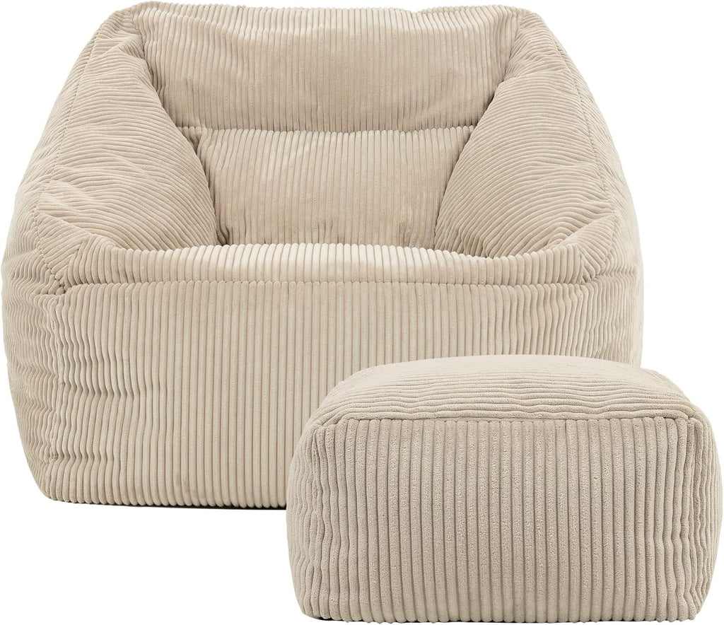 Icon Natalia Sitzsack Sessel mit Hocker für Erwachsene, Beige, Flauschiger Cord Stoff, Riesen Sitzsack Cord mit Füllung, Bean Bag Chair, Bequemer Sessel Wohnzimmer, Lounge, Schlafzimmer, Büro