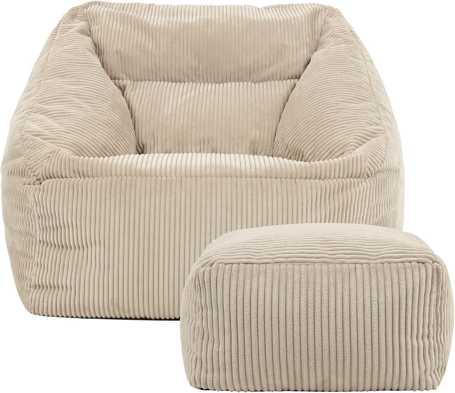 Icon Natalia Sitzsack Sessel mit Hocker für Erwachsene, Beige, Flauschiger Cord Stoff, Riesen Sitzsack Cord mit Füllung, Bean Bag Chair, Bequemer Sessel Wohnzimmer, Lounge, Schlafzimmer, Büro