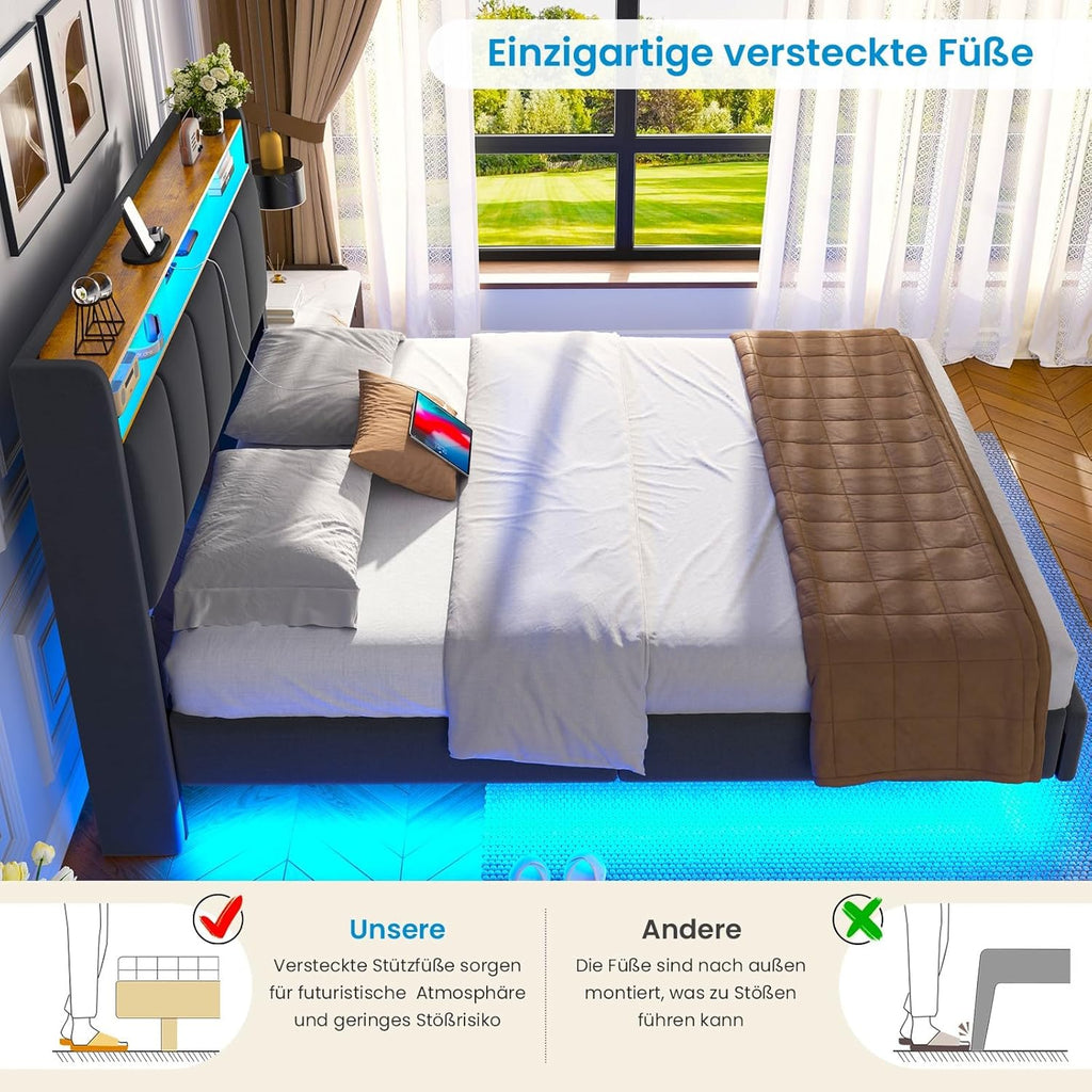Polsterbett 140x200 cm Schwebebett mit LED-Beleuchtung, Kopfteil und Ladestation(2 AC-Steckdosen, 2 USB-Anschlüsse), Bett 140x200 mit Stauraum, Modern Doppelbett mit lattenrost, Leinen, Grau