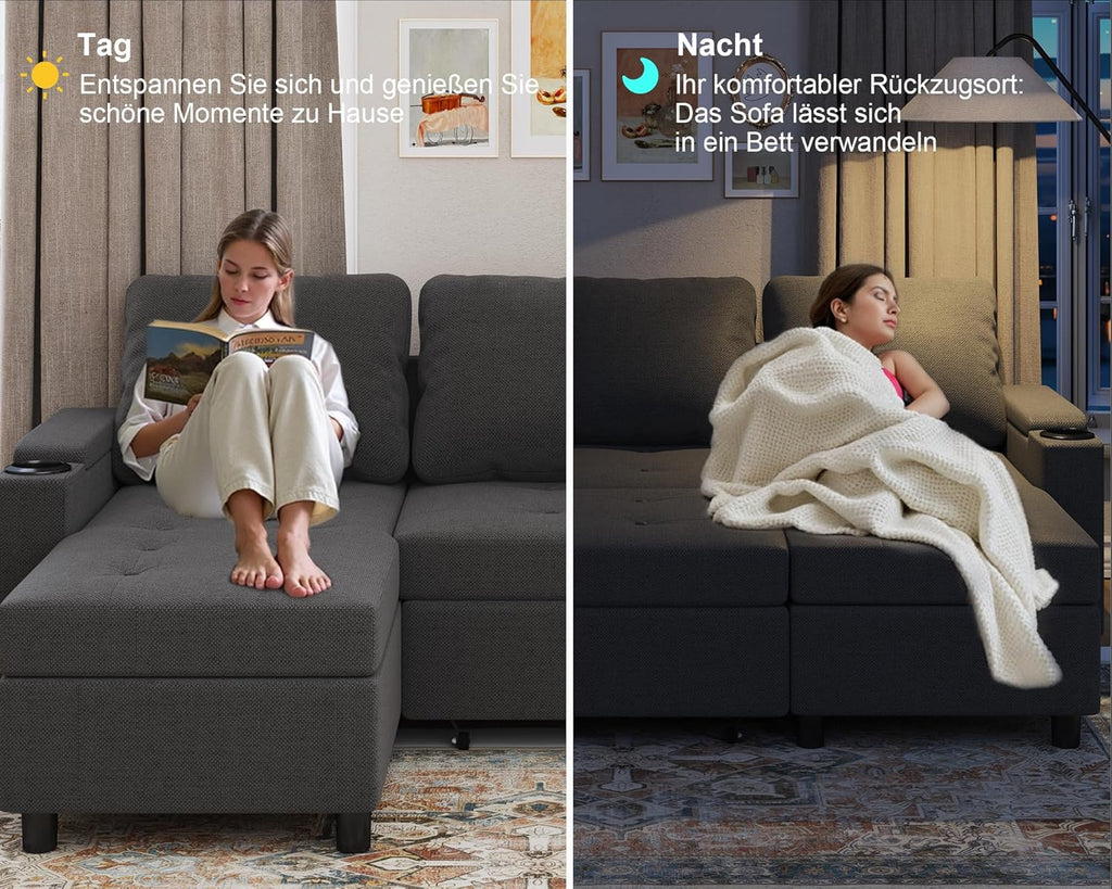 Devoko Ecksofa mit Schlaffunktion und Bettkasten 3 Sitzer Schlafsofa Ausziehbar L Form Couch klein Schlafcouch Wohnlandschaft für Wohnung und Wohnzimmer Dunkelgrau