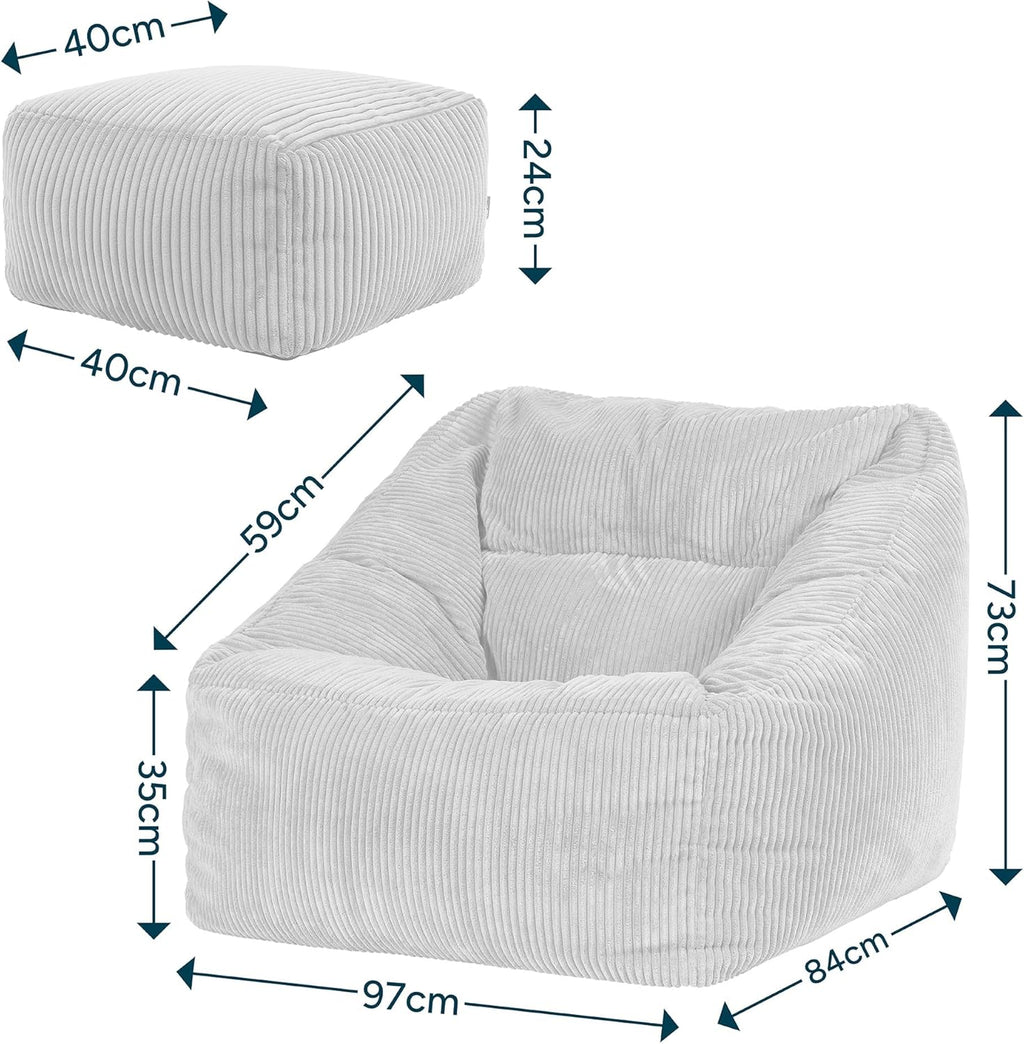 Icon Natalia Sitzsack Sessel mit Hocker für Erwachsene, Beige, Flauschiger Cord Stoff, Riesen Sitzsack Cord mit Füllung, Bean Bag Chair, Bequemer Sessel Wohnzimmer, Lounge, Schlafzimmer, Büro