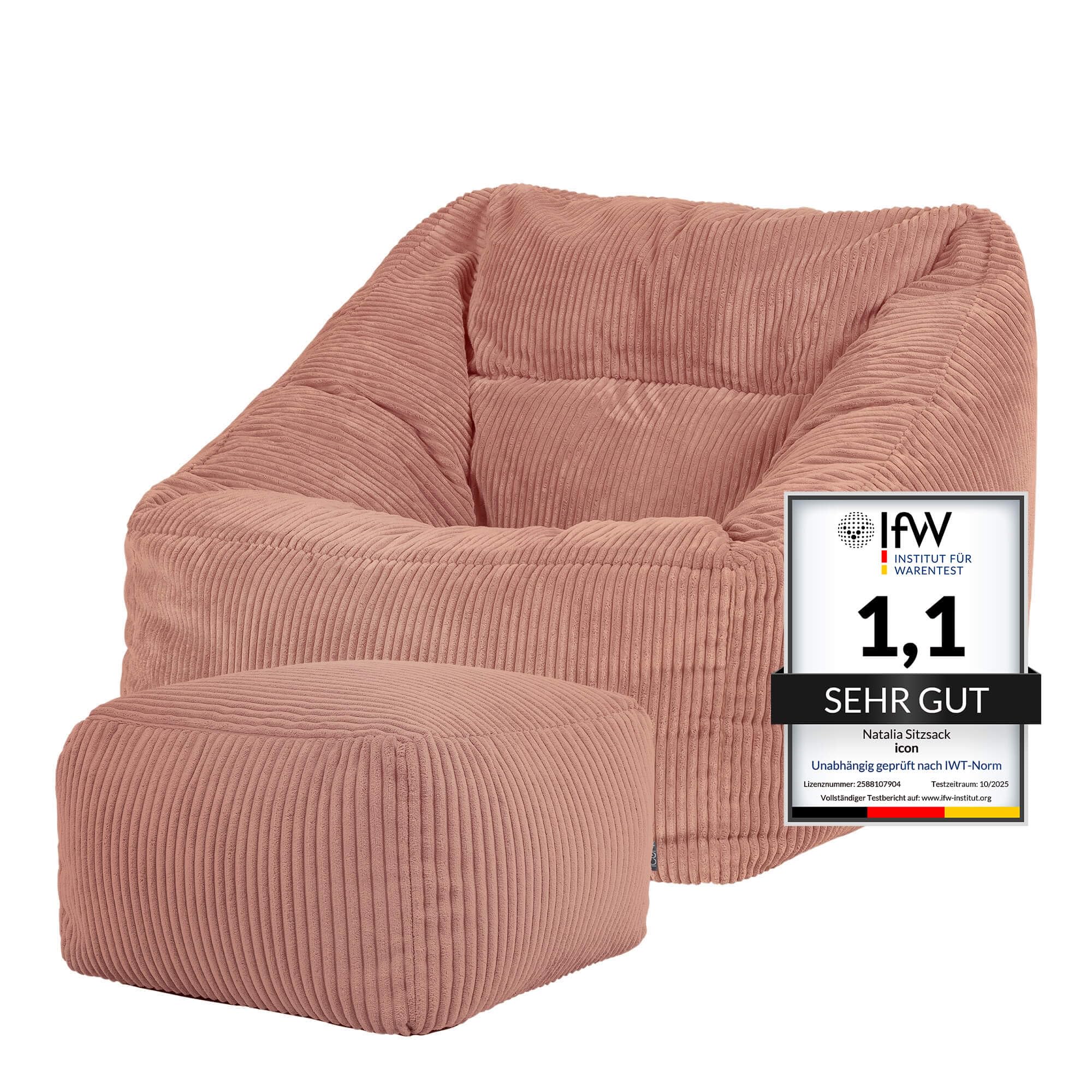 Icon Natalia Sitzsack Sessel mit Hocker für Erwachsene, Beige, Flauschiger Cord Stoff, Riesen Sitzsack Cord mit Füllung, Bean Bag Chair, Bequemer Sessel Wohnzimmer, Lounge, Schlafzimmer, Büro