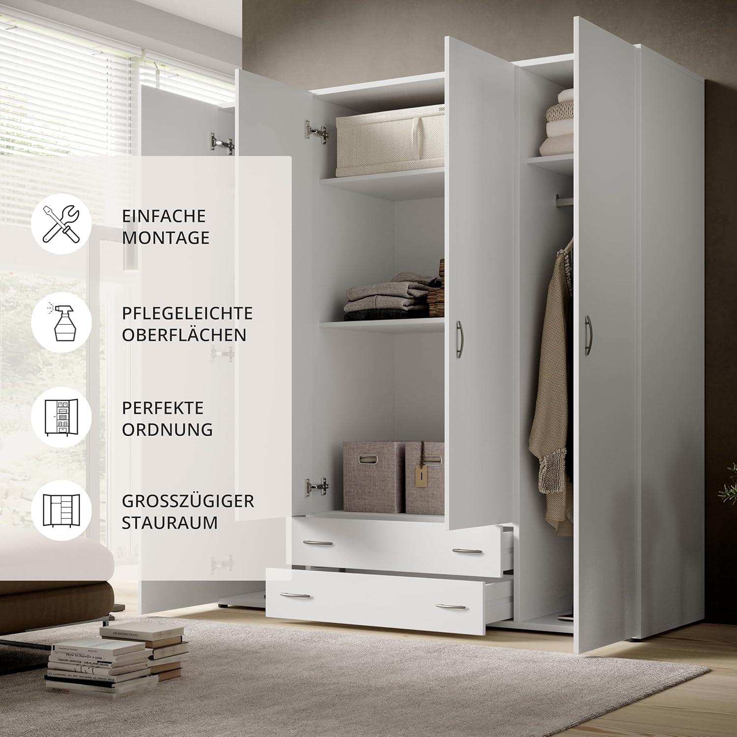 Stella Trading BASE Zeitloser Kleiderschrank in drei verschiedenen Größen - Vielseitiger Drehtürenschrank in Weiß - 160 x 177 x 52 cm (B/H/T)