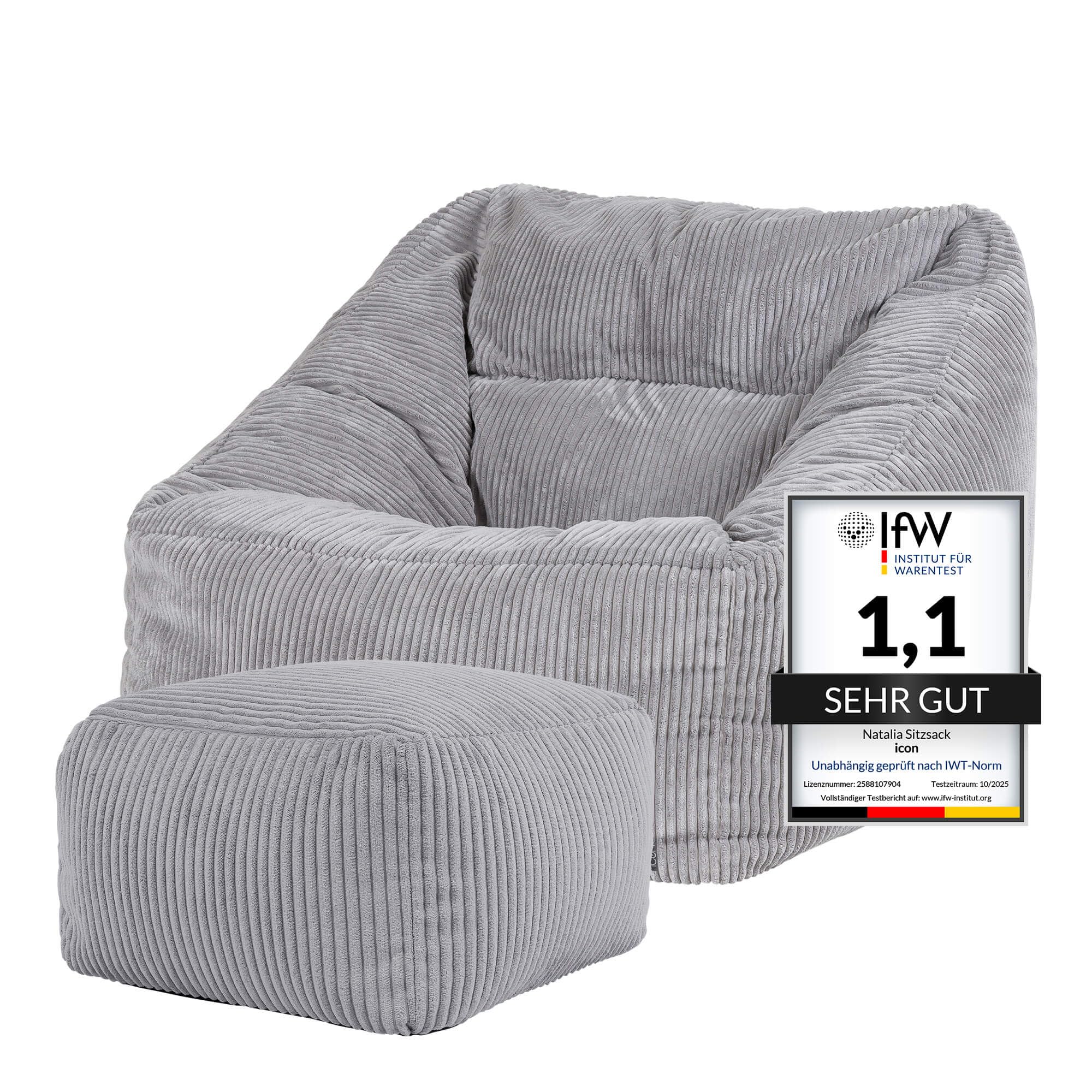 Icon Natalia Sitzsack Sessel mit Hocker für Erwachsene, Beige, Flauschiger Cord Stoff, Riesen Sitzsack Cord mit Füllung, Bean Bag Chair, Bequemer Sessel Wohnzimmer, Lounge, Schlafzimmer, Büro