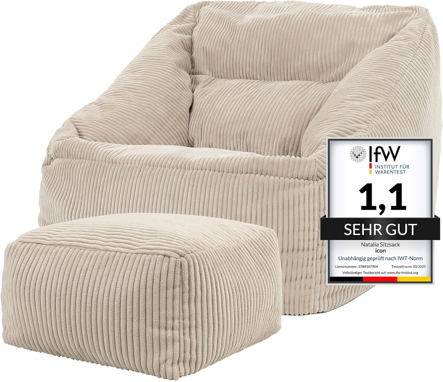 Icon Natalia Sitzsack Sessel mit Hocker für Erwachsene, Beige, Flauschiger Cord Stoff, Riesen Sitzsack Cord mit Füllung, Bean Bag Chair, Bequemer Sessel Wohnzimmer, Lounge, Schlafzimmer, Büro