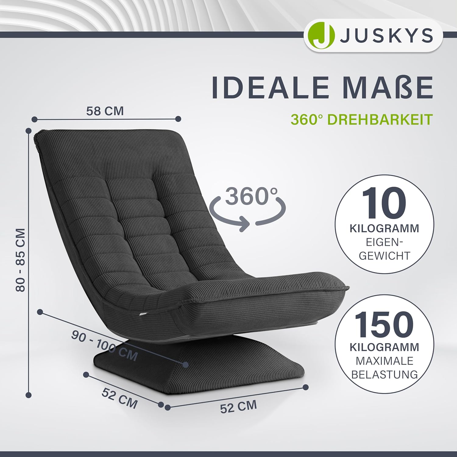 Juskys Relaxsessel Korsika - Ergonomisch & 360° drehbar, klappbar mit 5-lagiger Polsterung - Gemütlicher Cord Sessel für Wohnzimmer - Grau