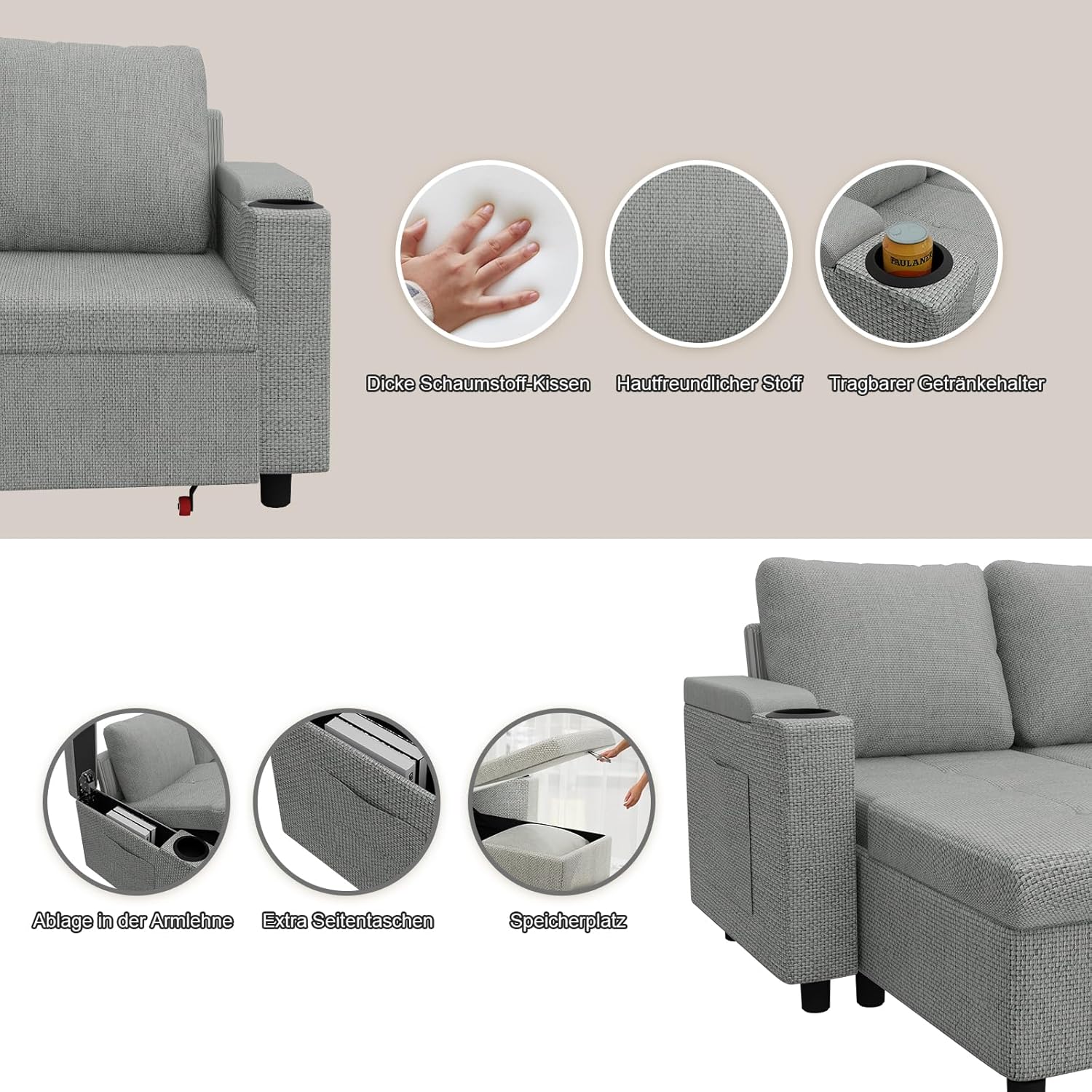 Devoko Ecksofa mit Schlaffunktion, Schlafsofa Ausziehbar L-Form mit Stauraum & Bettkasten, Schlafcouch für Wohnzimmer und Schlafzimmer, Hellgrau