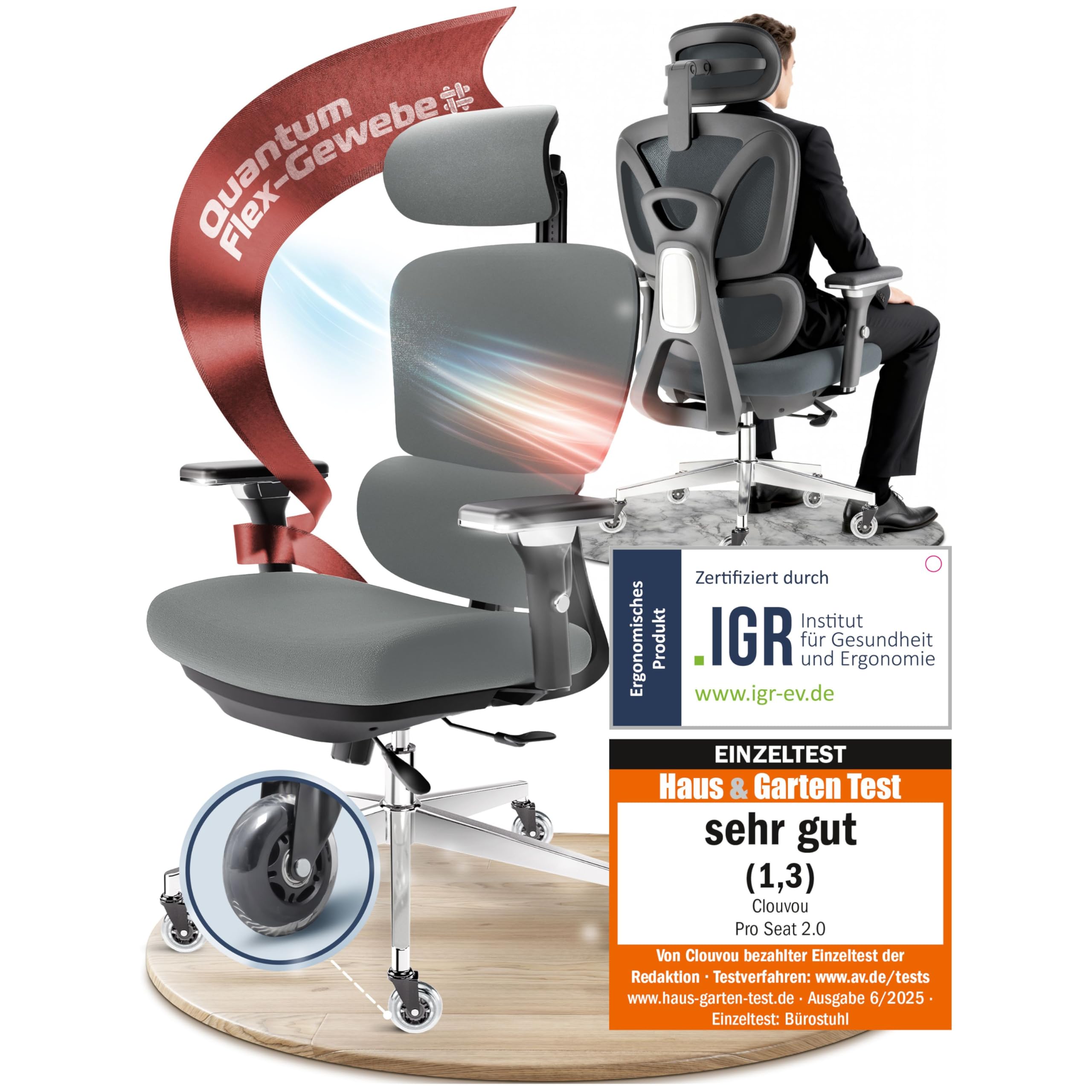 CLOUVOU CleverSeat Bürostuhl Ergonomisch [TESTSIEGER] Schreibtischstuhl 100% individuell einstellbar | Büro Stuhl & Gaming Stuhl | Computerstuhl Home Office Chair Ergonomic | Drehstuhl 150 kg