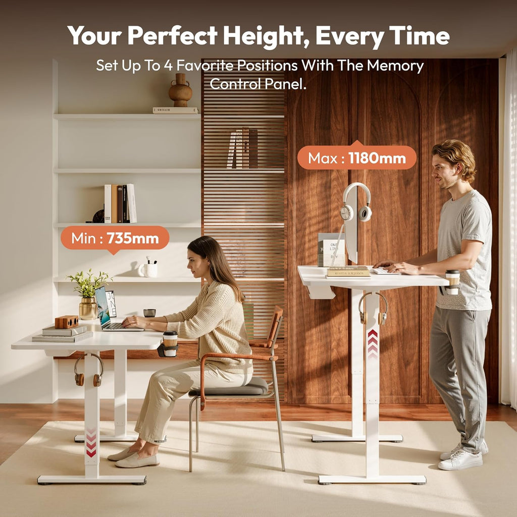 SANODESK Höhenverstellbarer Schreibtisch 110×54 cm – Kompakter Standing Desk mit praktischem Zubehör, ideal für kleine Räume, leise & sicher mit Anti-Kollisions-Schutz(Weiß)