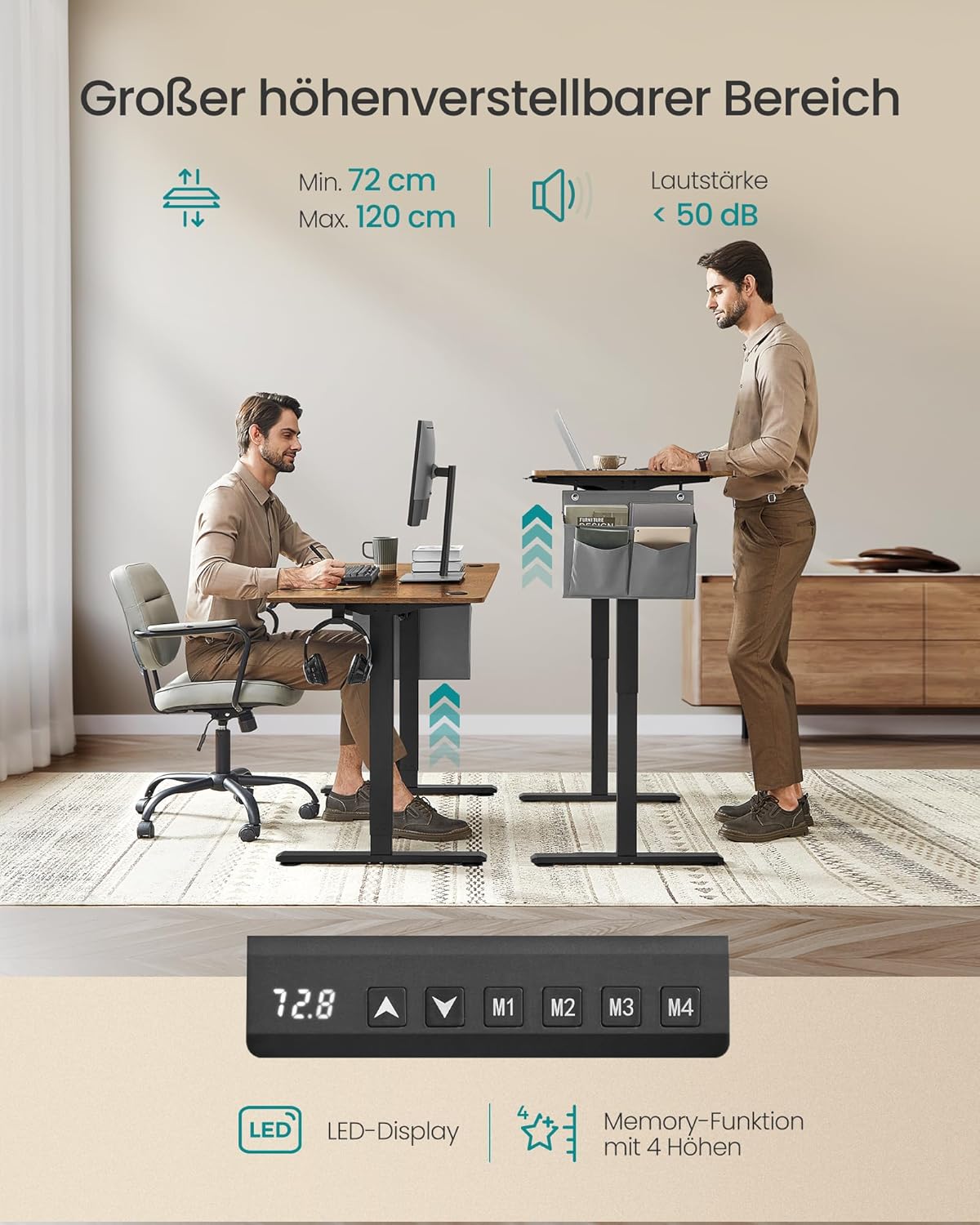 SONGMICS Höhenverstellbarer Schreibtisch elektrisch, 140 x 60 cm, stufenlos verstellbar, Memory-Funktion mit 4 Höhen, vintagebraun LSD134K01