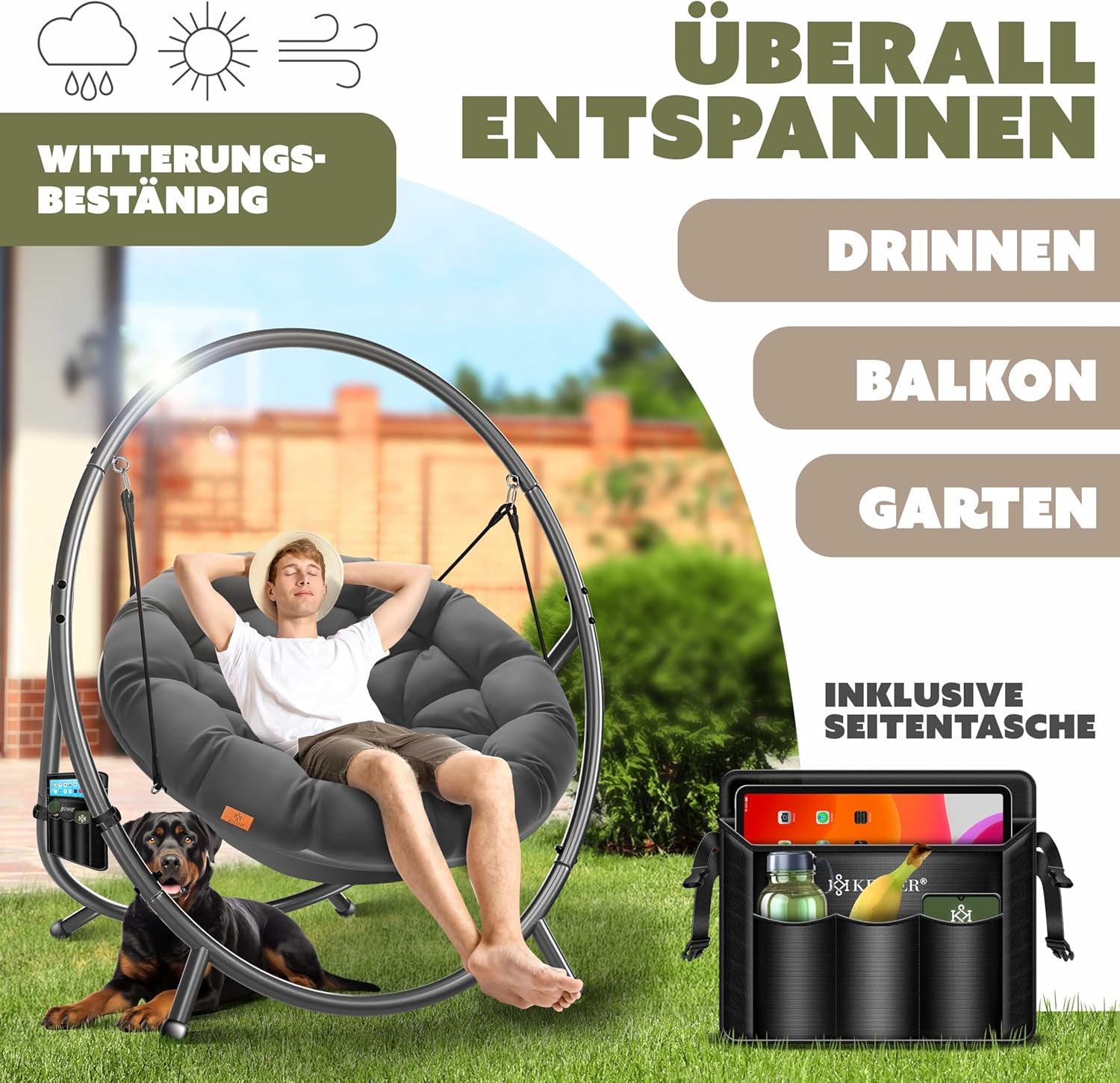 KESSER® Hängesessel mit Gestell Bali Hängeschaukel Hängestuhl bis 150kg für Indoor und Outdoor + Kissen & Seitentasche Hängekorb Stahlgestell & Schaumstoff Sitzpolster ideal für Wohnzimmer & Garten