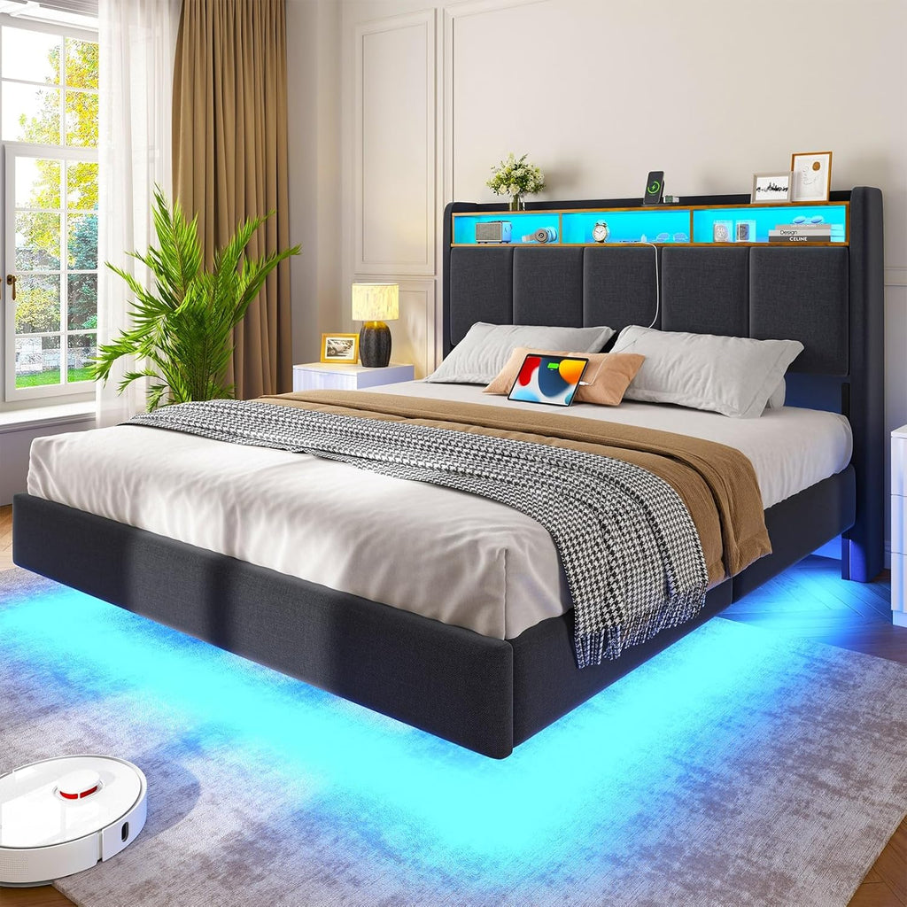 Polsterbett 140x200 cm Schwebebett mit LED-Beleuchtung, Kopfteil und Ladestation(2 AC-Steckdosen, 2 USB-Anschlüsse), Bett 140x200 mit Stauraum, Modern Doppelbett mit lattenrost, Leinen, Grau