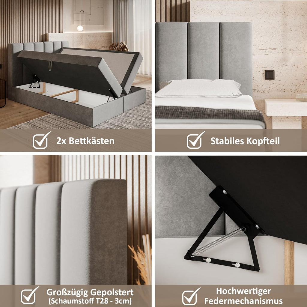 Santiago Boxspringbett 160x200 mit Bettkasten und Topper, Polsterbett 160x200 mit Bettkasten, Bonellfederkern-Matratze (H4), T28 Komfortschaumstoff Topper (H3), Samt, Beige