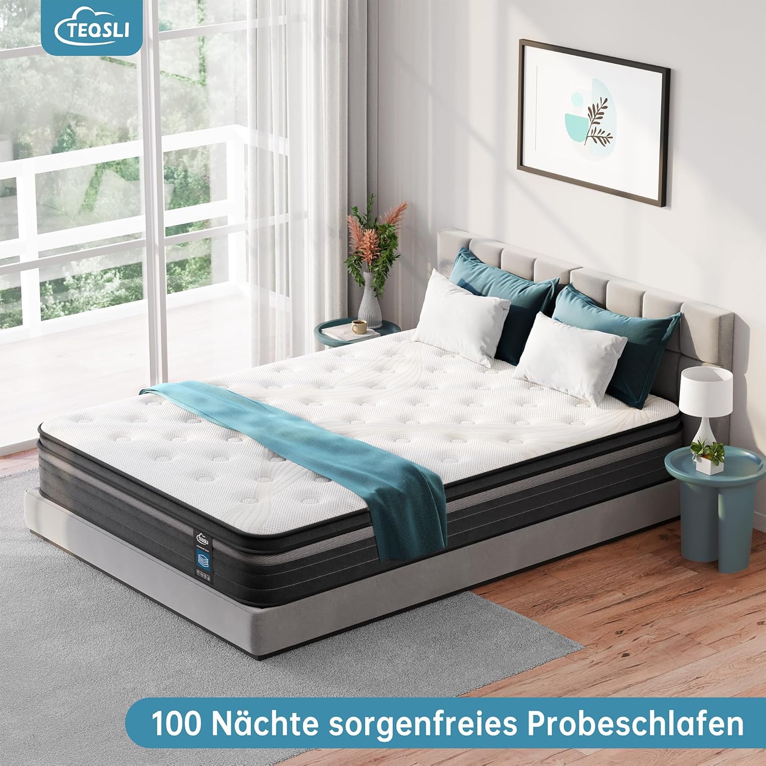 TeQsli Gel Taschenfederkernmatratze 140x200 cm 25 cm Höhe 9-Zonen Matratze H3 H4 Härtegrad, Orthopädische & Ergonomische Federkernmatratze mit Gel-Memory-Schaum, Öko-Tex & CertiPUR Zertifiziert