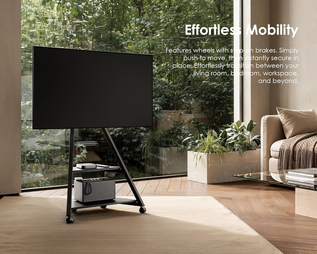 FITUEYES Design TV Ständer Rollbar, Mobiler TV Stand mit Rollen für 32 40 43 55 65 Zoll Flach & Curved Fernseher bis zu 40kg, TV Standfuss höhenverstellbar schwenkbar neigbar, Serie Eiffel
